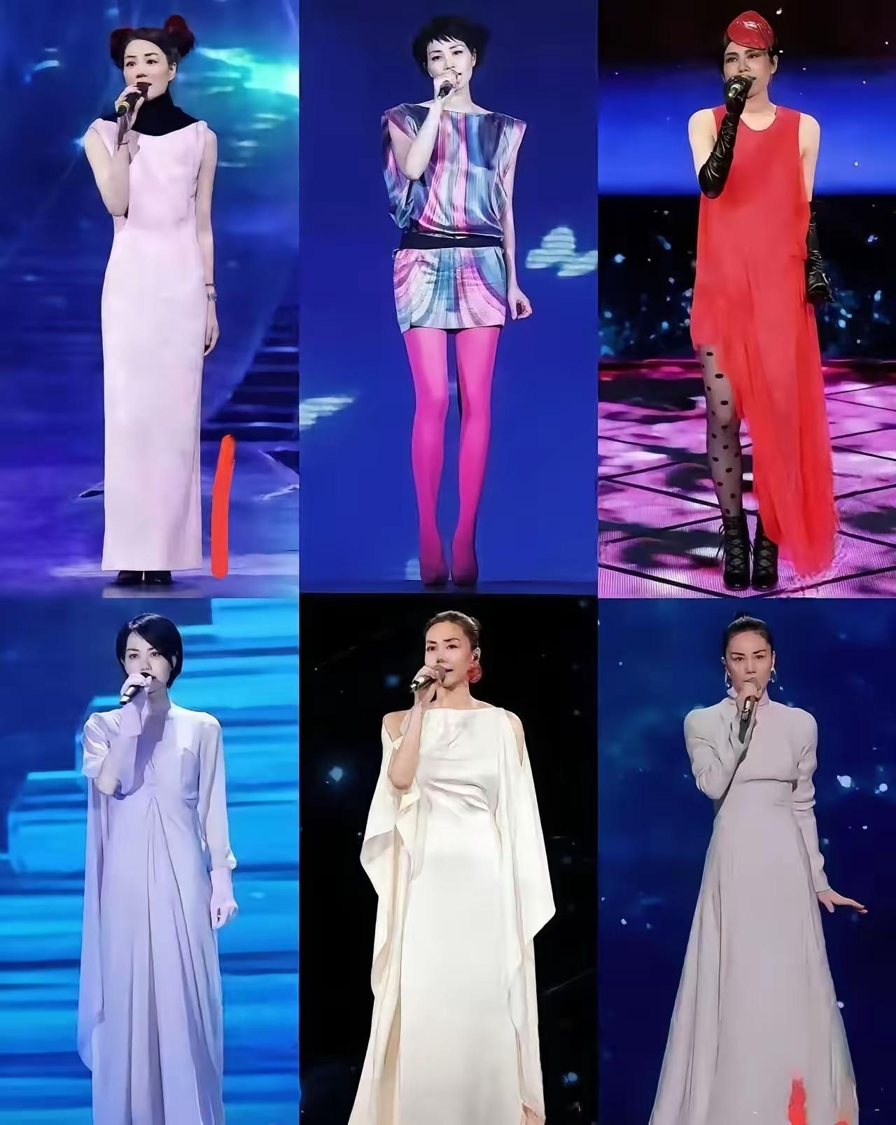 这张图里的菲姐除了第二款是露胳膊露腿的短打扮之外，其余都是古典传统的拖地长裙，如