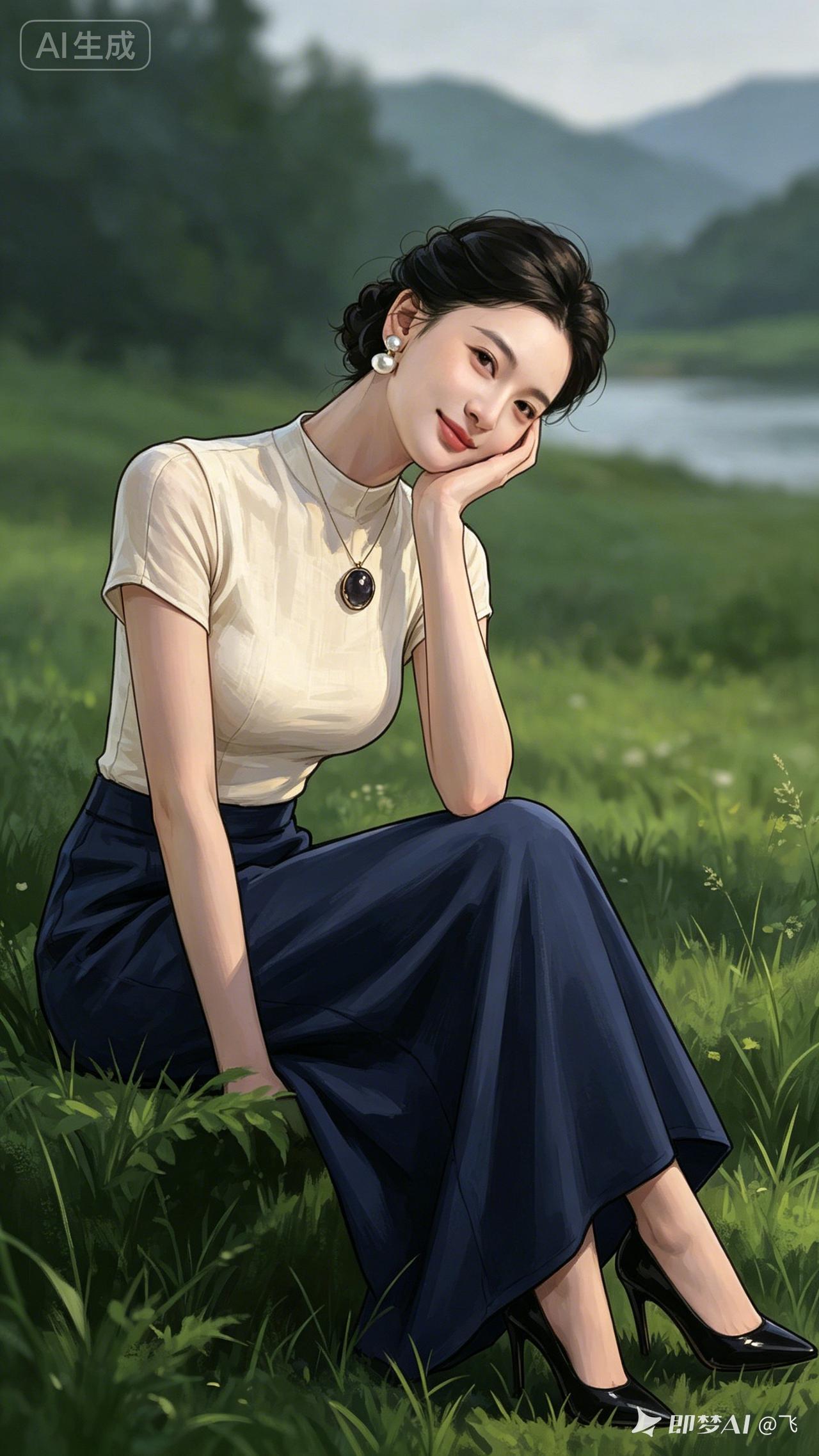 描绘一位东方亚洲女性，目光温婉，拥有沙漏型身材。她身着紧身米白色有袖亚麻上衣，下
