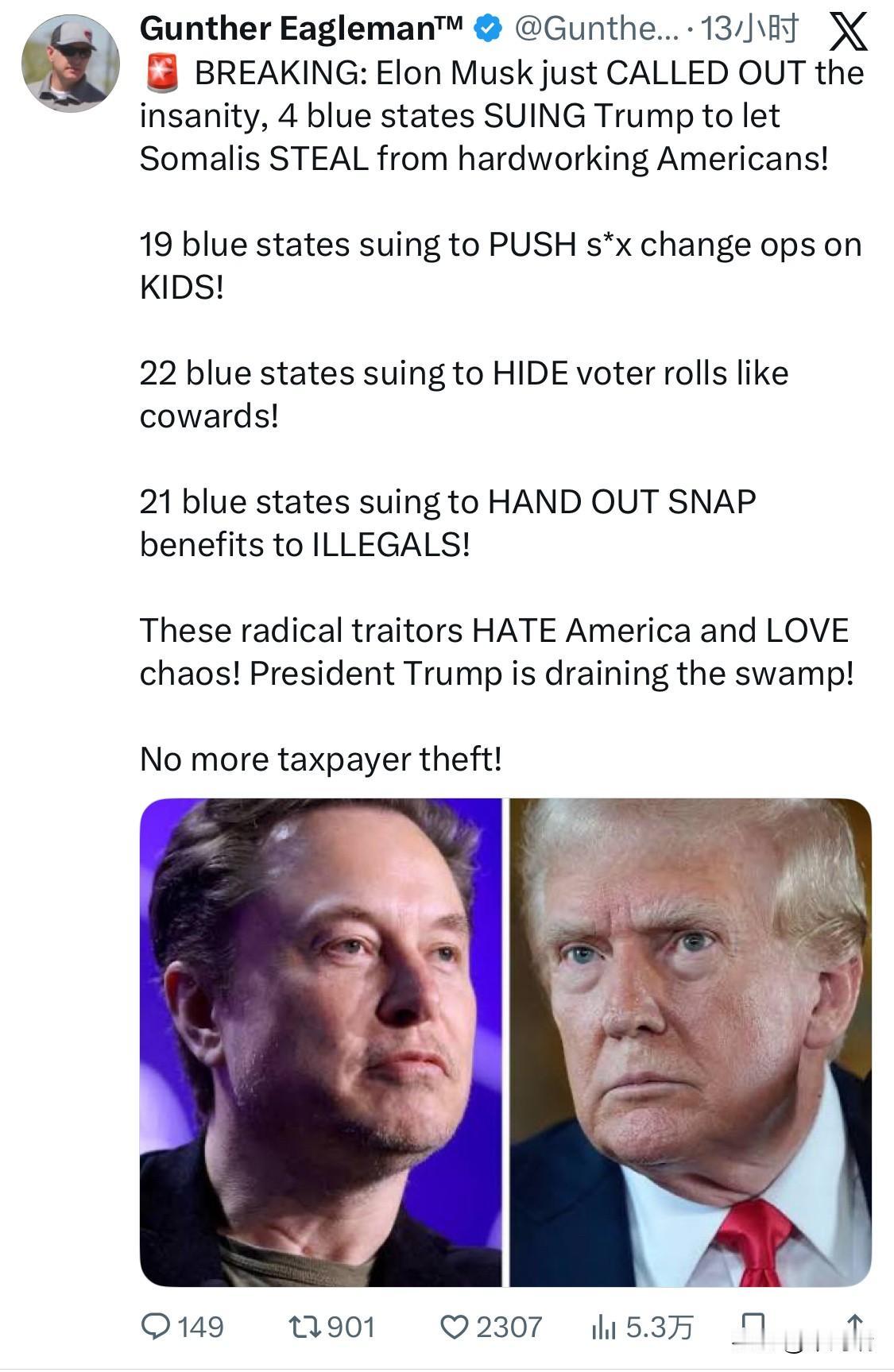 突发新闻：埃隆·马斯克刚刚公开谴责了一系列针对特朗普的诉讼行为，4个蓝州起