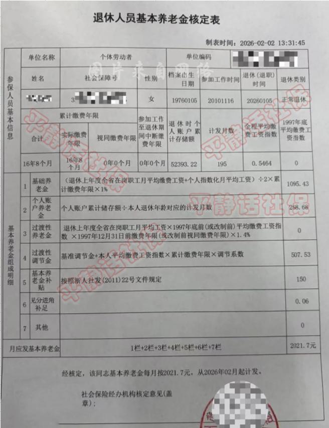 浙江养老金！先看这张表的人，是杭州个女性个体缴费人员，2010年才开始交社保，