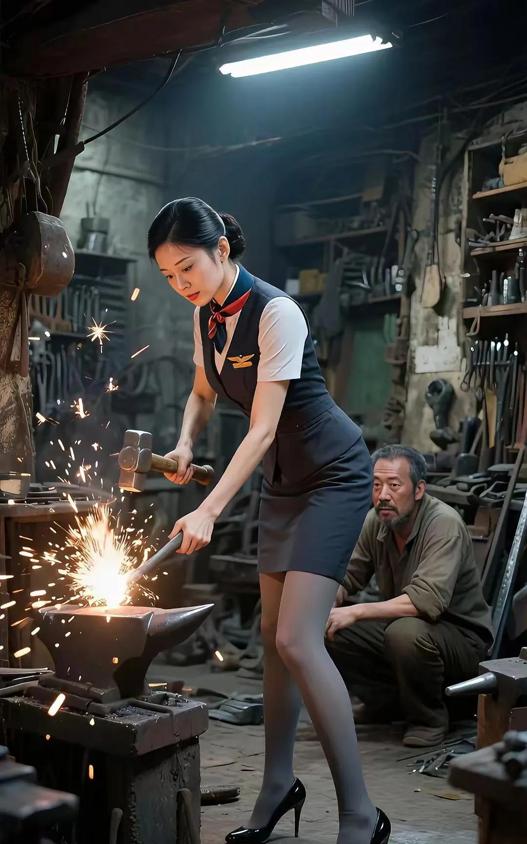 熔炉巾帼炉前娇影立尘间，钢铁形更志若磐。烈焰淬来星价值，百钢柔绕不等闲。