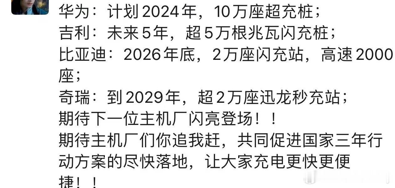 华为:计划2024年，10万座超充桩;吉利:未来5年，超5万根兆瓦闪充桩;比亚迪