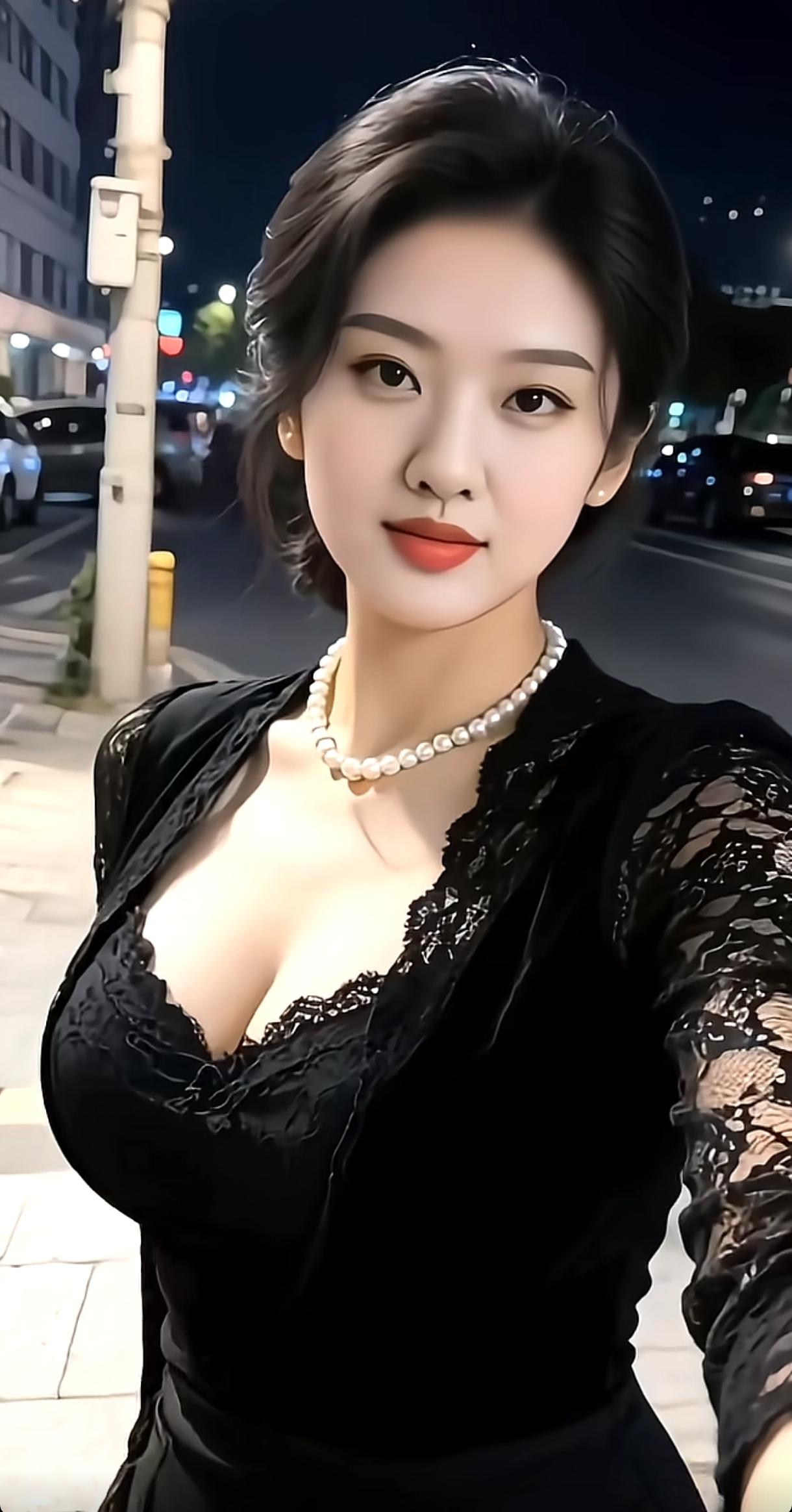 夜晚的都市街景，黑裙与珍珠项链的优雅搭配，尽显女性魅力。分享一下你随手拍的照片