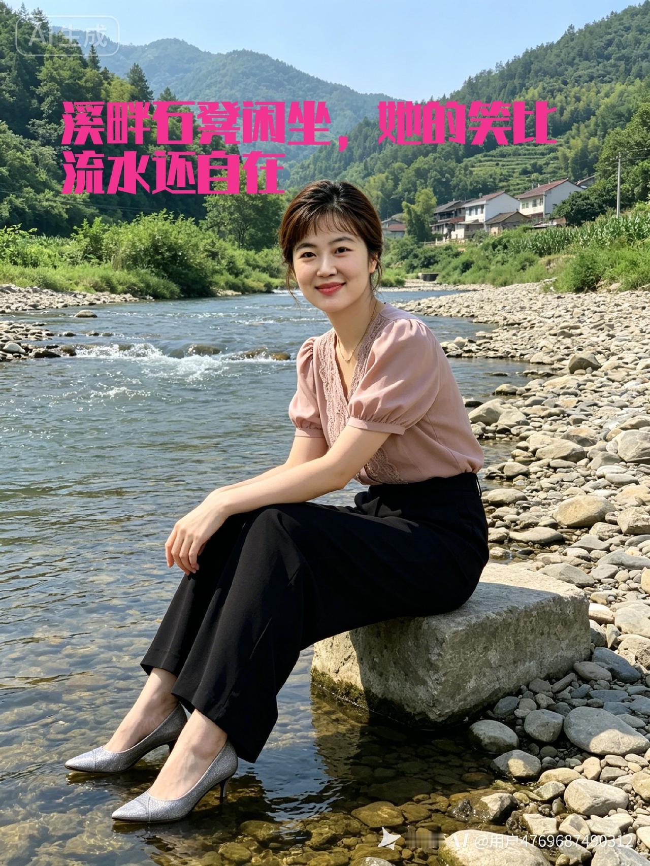 溪畔石凳闲坐，她的笑比流水还自在。
