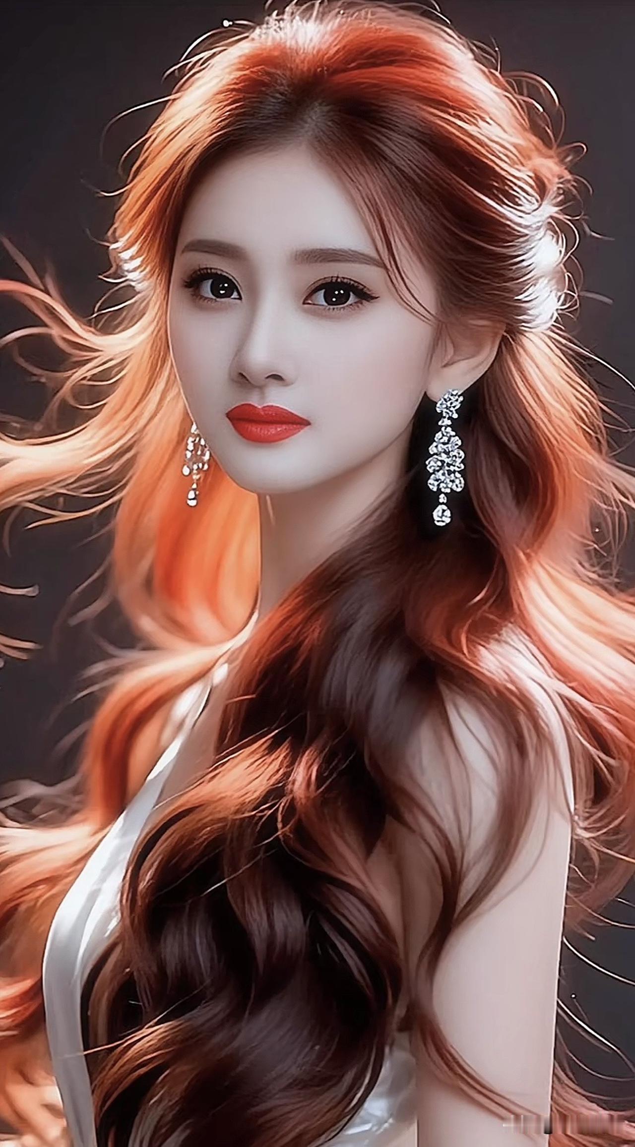 惊艳的红发少女，时尚耳环点缀，优雅动人！💄✨时尚金发少女紫色头发少女棕发少