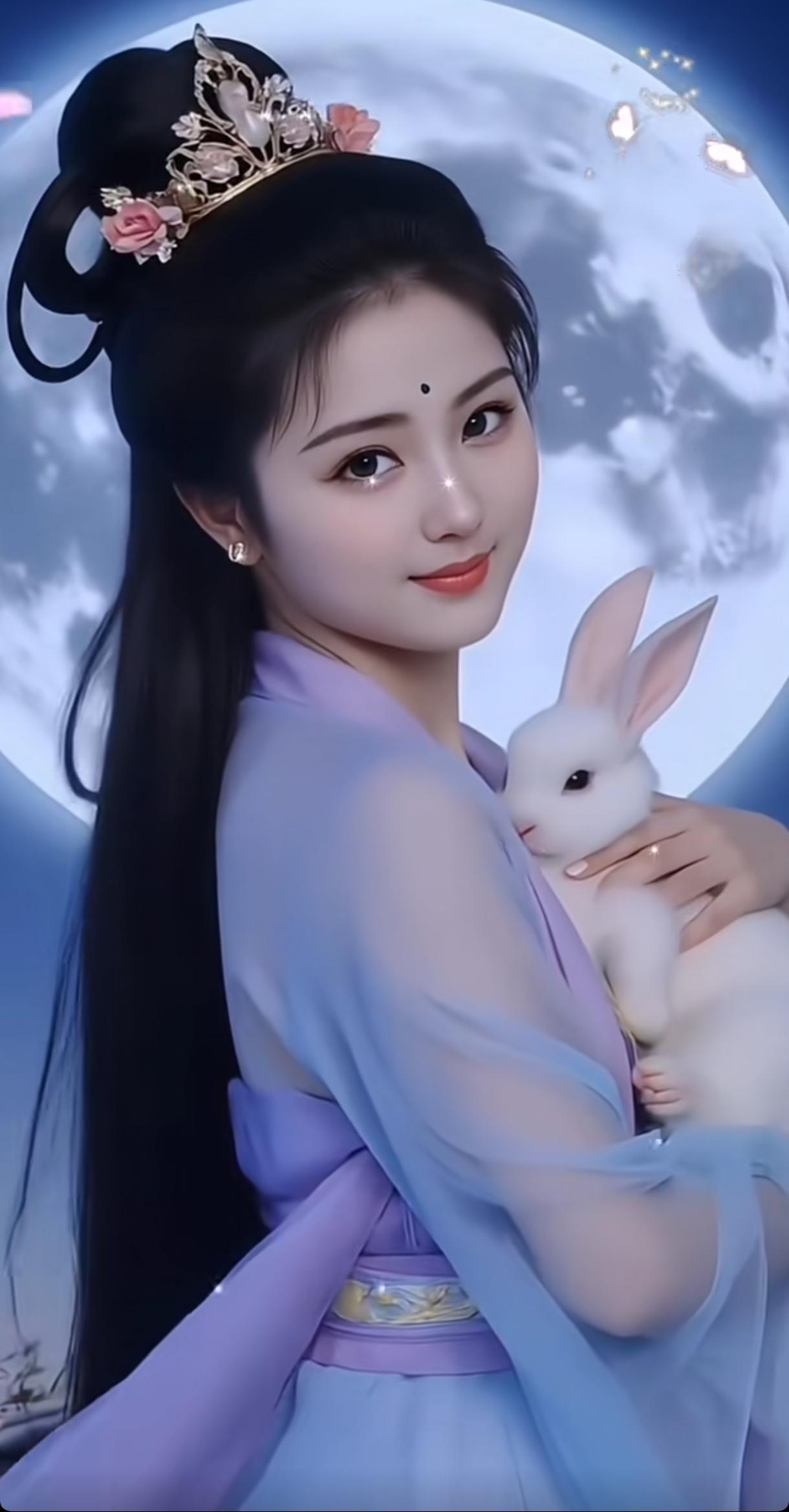 月夜下的仙子与白兔，唯美梦幻，仿佛来自童话世界。美人美景展现你的个性😎古风仙