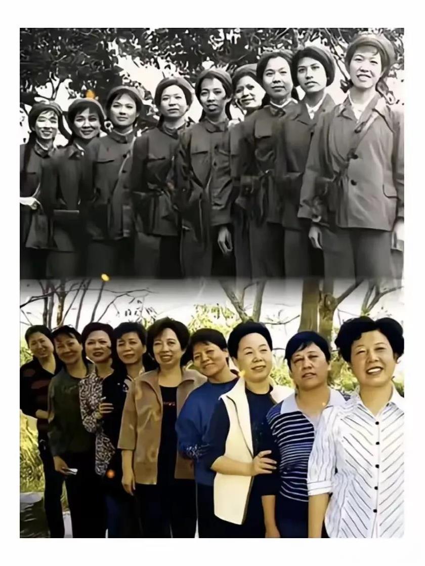 这是对越自卫反击战九位女兵的两张合影照，她们都是121师野战医院救护队的女战士，