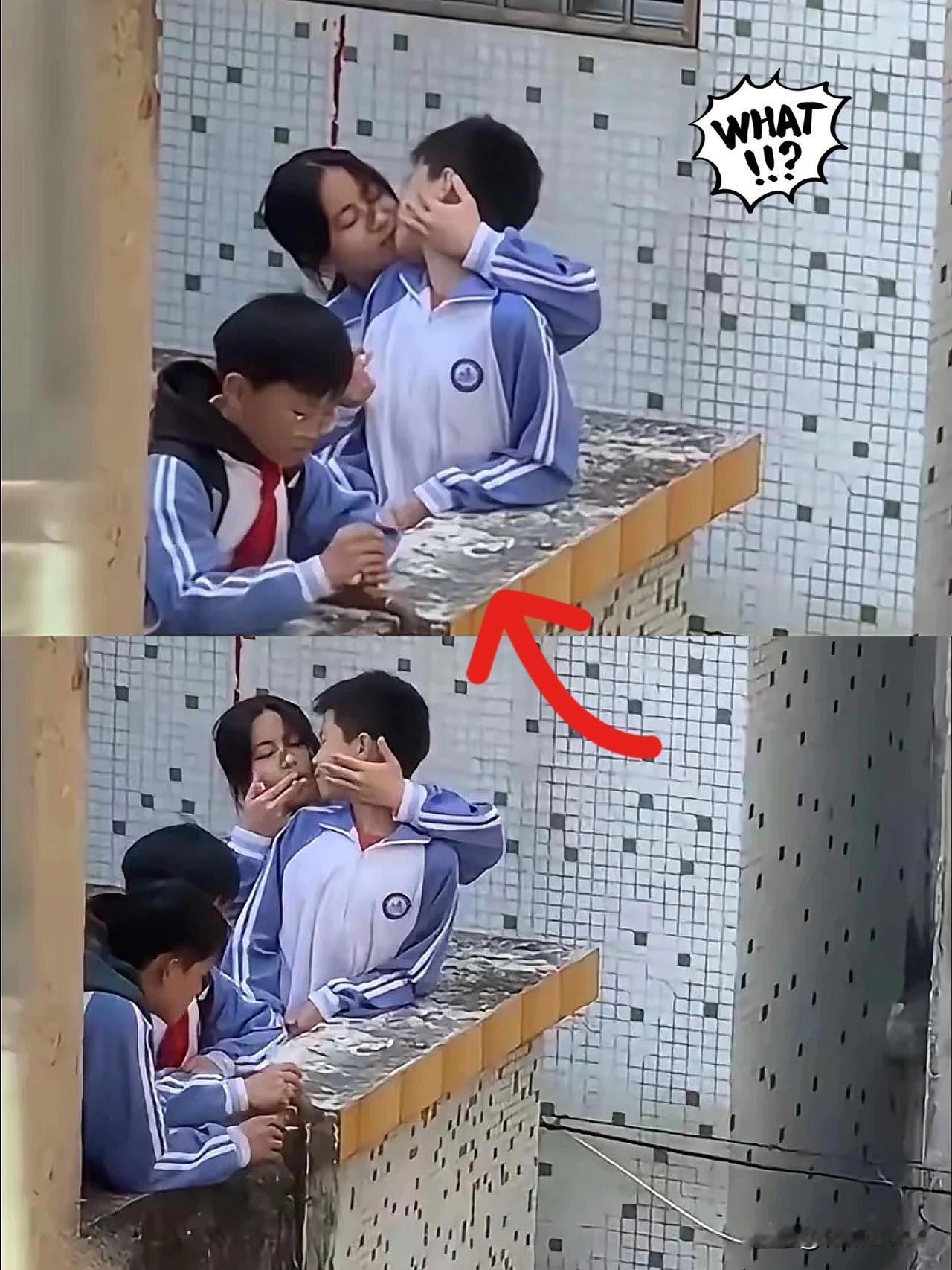 实拍里那几个初中生，躲在教学楼天台，又是抽烟又是亲密接吻，全然不顾校规。正值