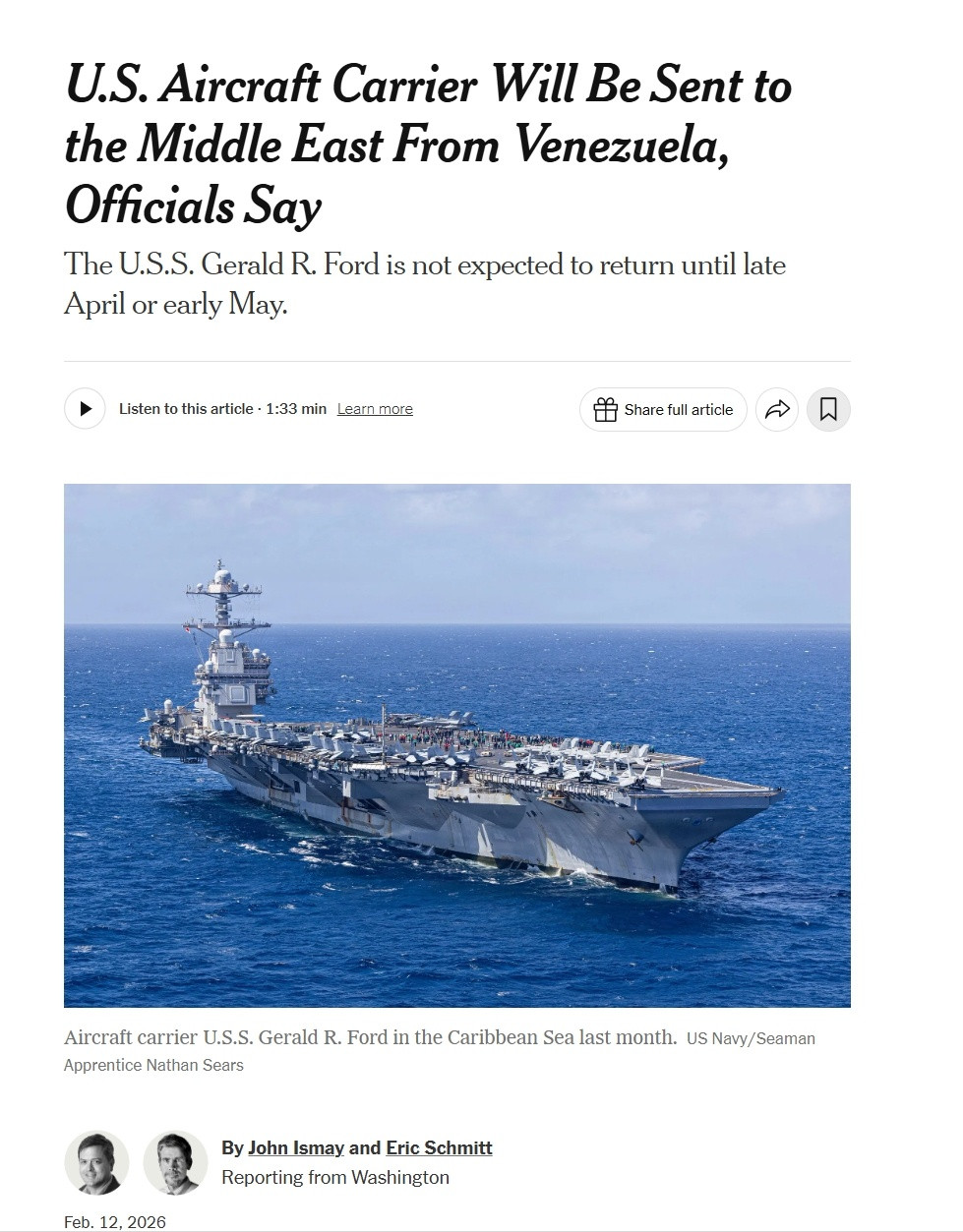 按照美国2026财年海军的预算文件，艾森豪威尔号航母(CVN-69)的计划内增量