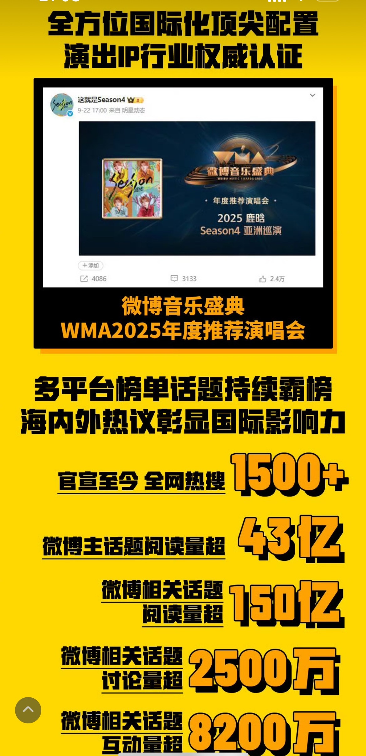 好牛的鹿晗好亮眼的数据基本就是出来即霸榜各平台断层第一鹿晗season4亚洲巡演