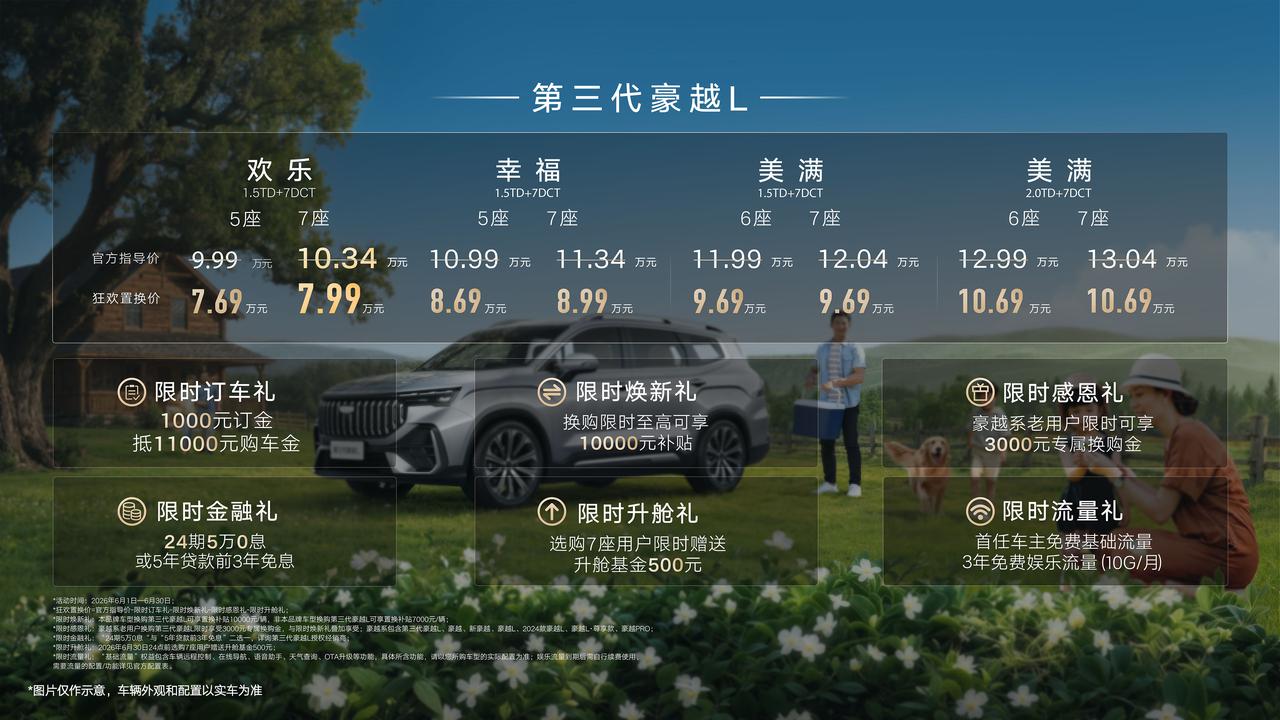 【吉利豪越L推出欢乐七座版和狂欢置换价，权益价7.69万元起】6月12日，吉利豪