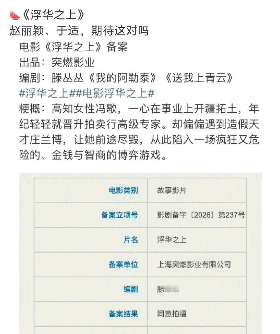 赵丽颖于适浮华之上是这部电影？二人合作不意外，毕竟，懂得都懂。只是这部电影看着