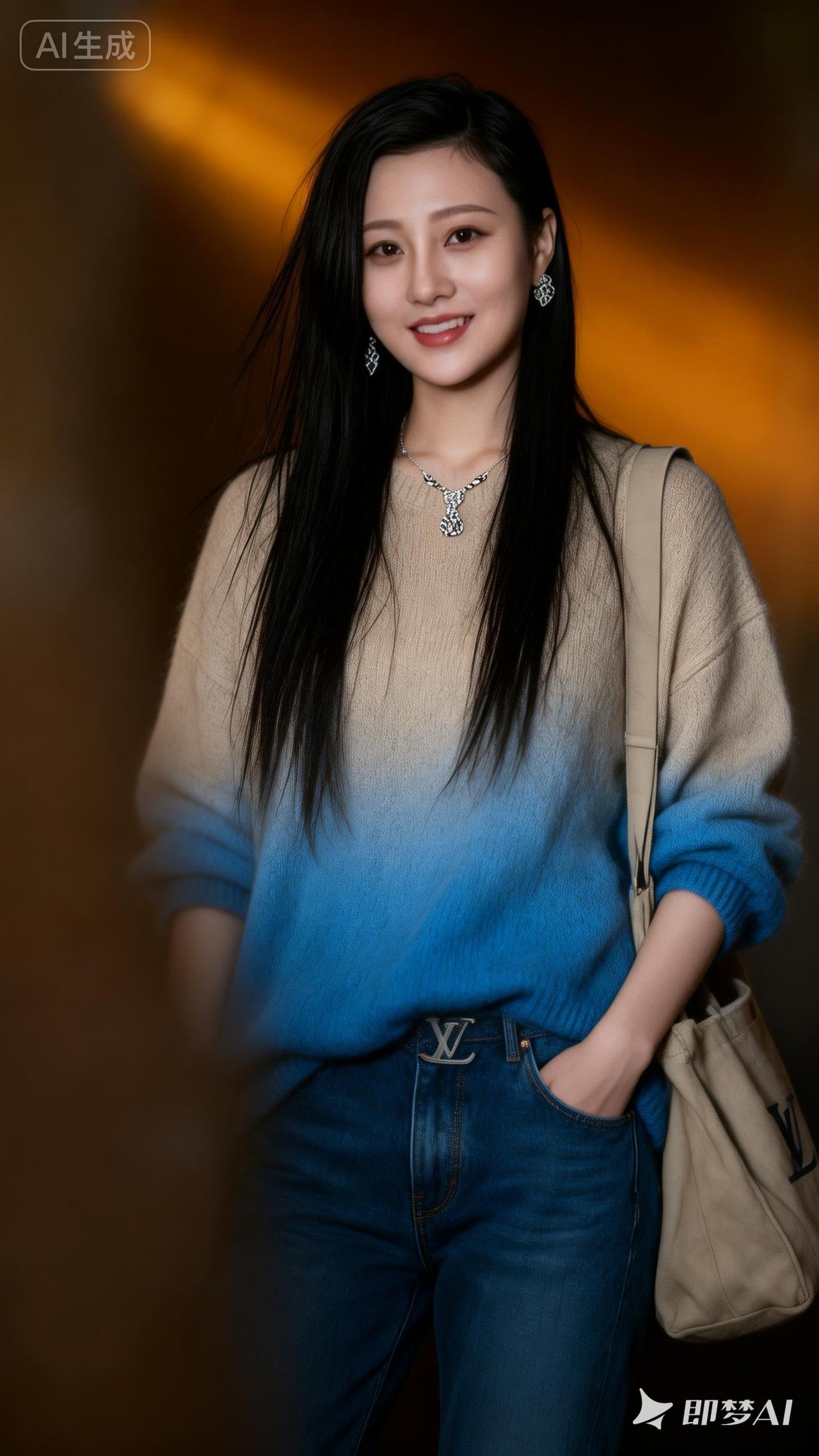 甜美少女风穿搭，蓝色毛衣+牛仔裤，轻松出街！💙👗👖