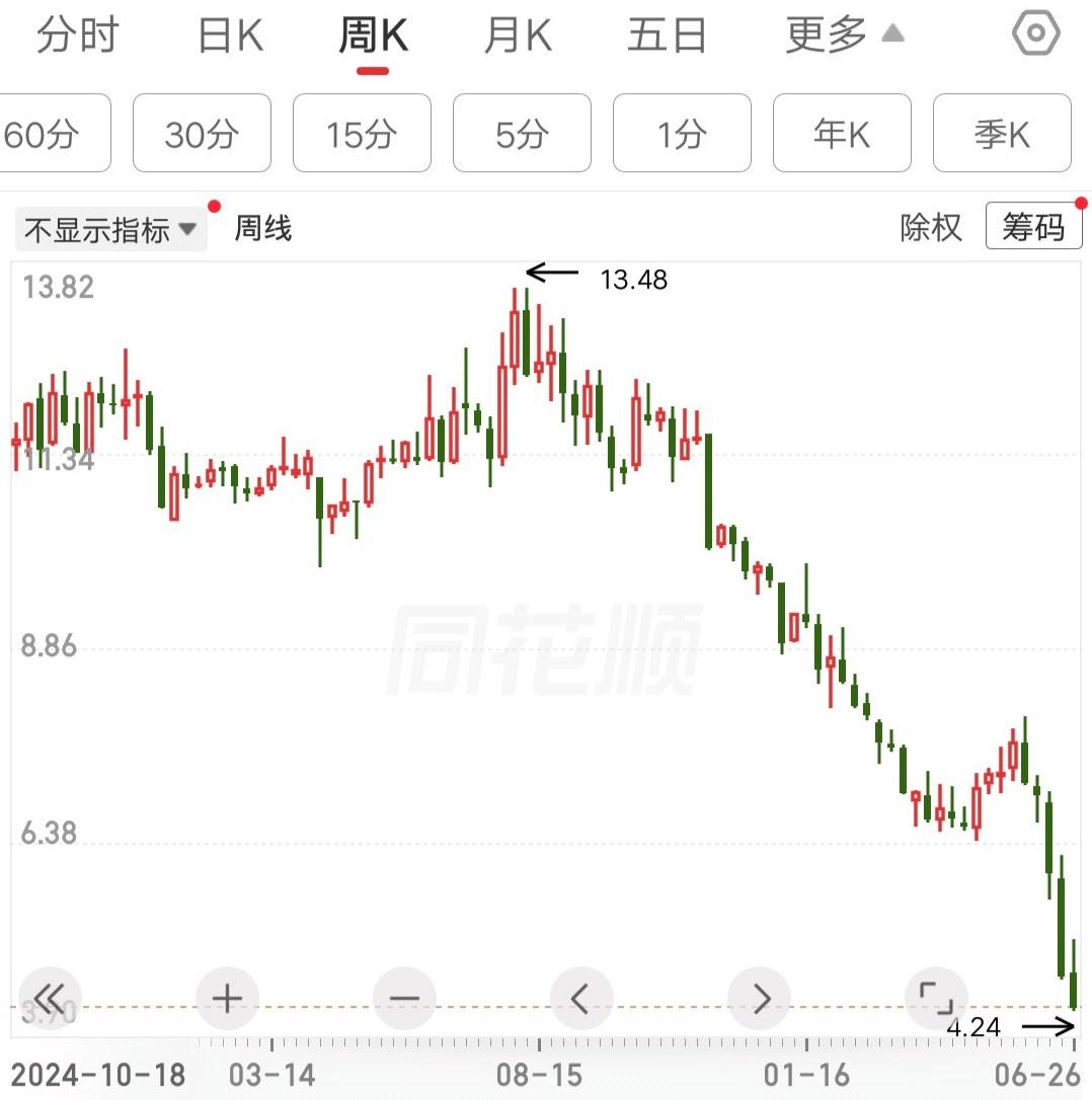 这走势跌的太惨了！周线级别的下跌，妥妥的技术性大熊市，和本轮牛市形成鲜明对比，可