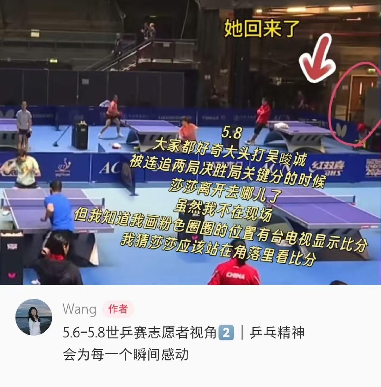 孙颖莎回来了！来自志愿者的分享！大家都好奇王楚钦打吴晙诚决胜局时，莎莎去哪了