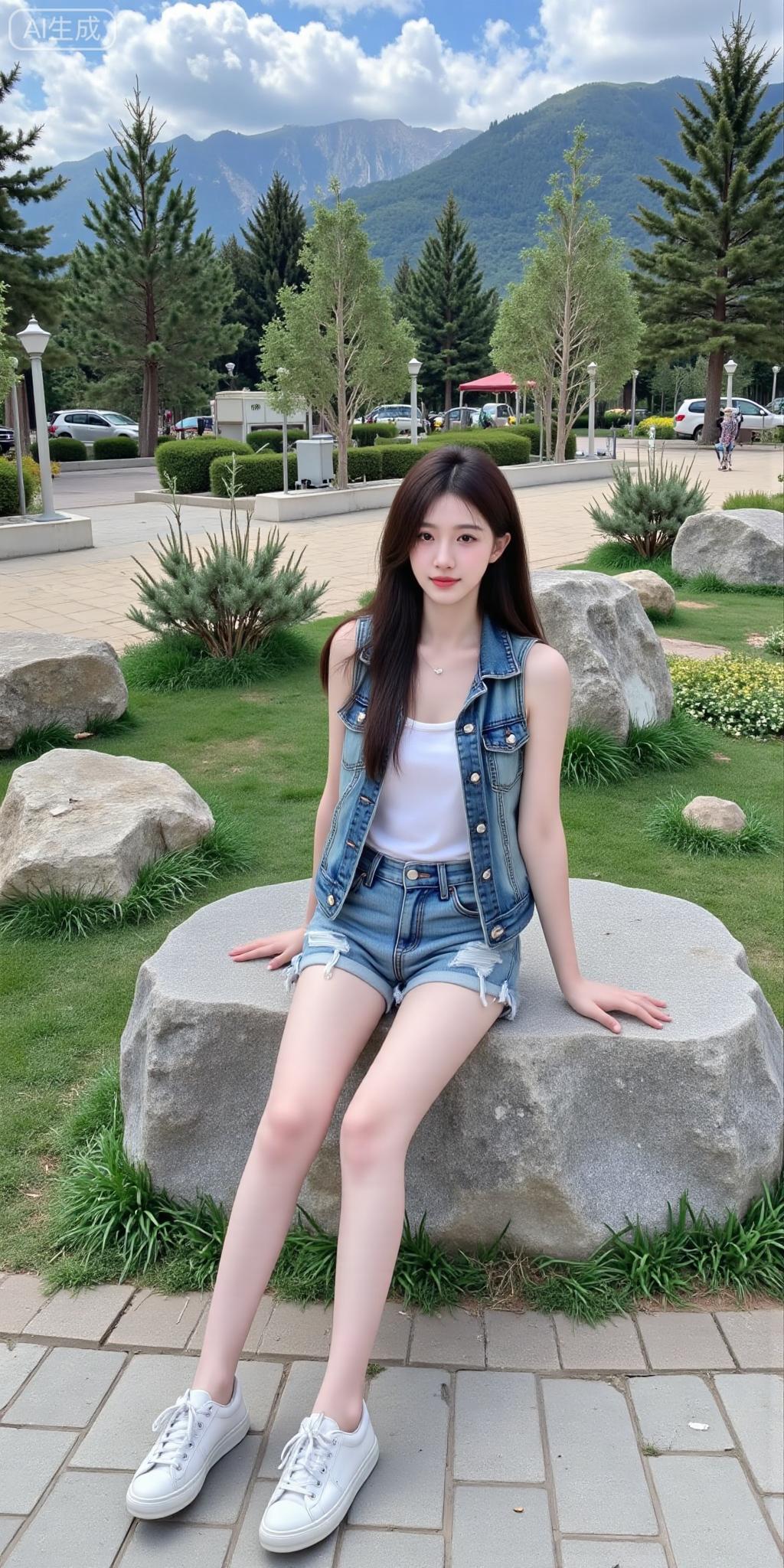 山风裹着牛仔的飒，白衫碰了石墩的暖，草叶晃出夏日的甜。连裙摆都浸着松弛的闲。户