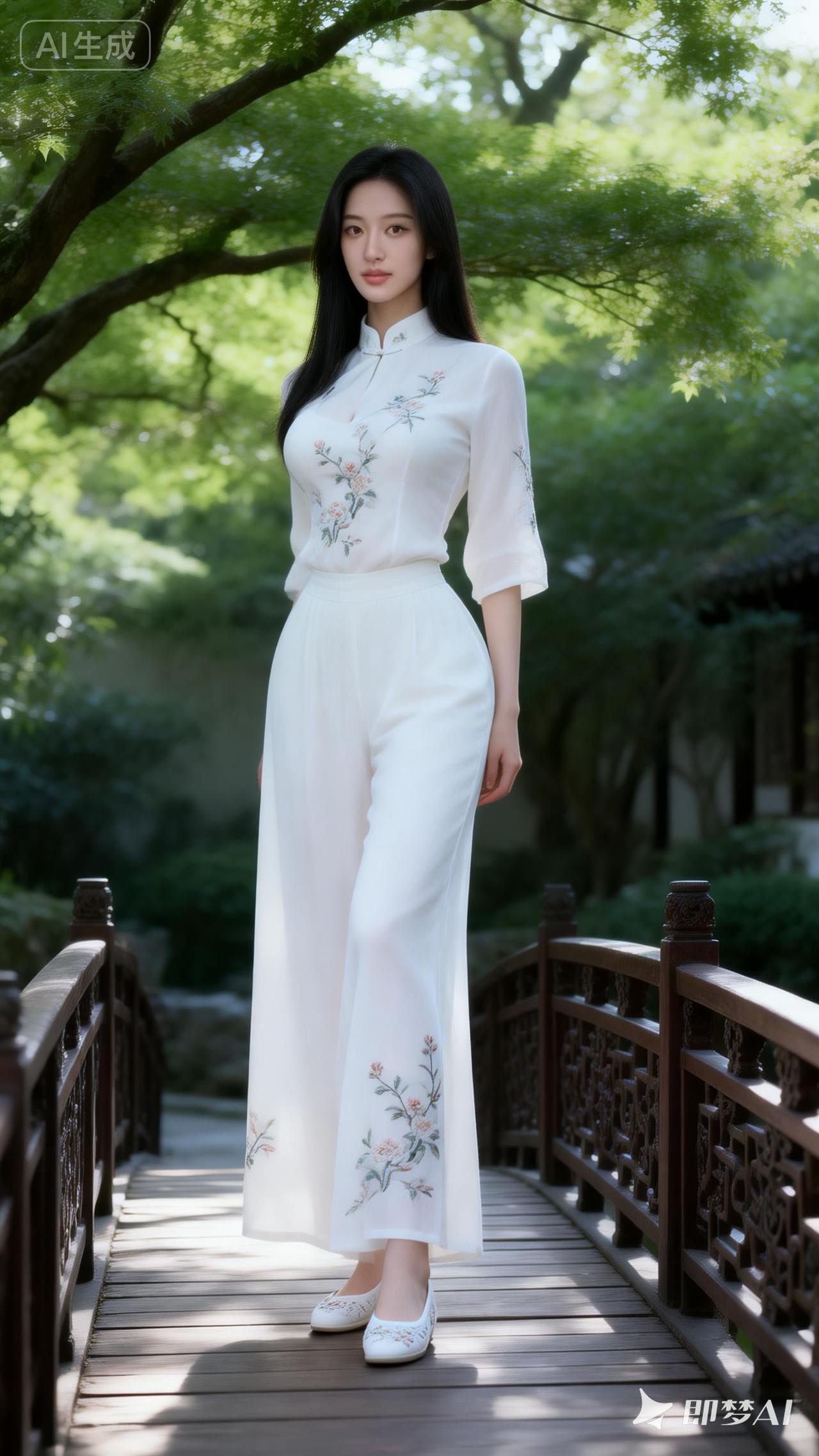 优雅白裙，花间漫步，尽显东方韵味。