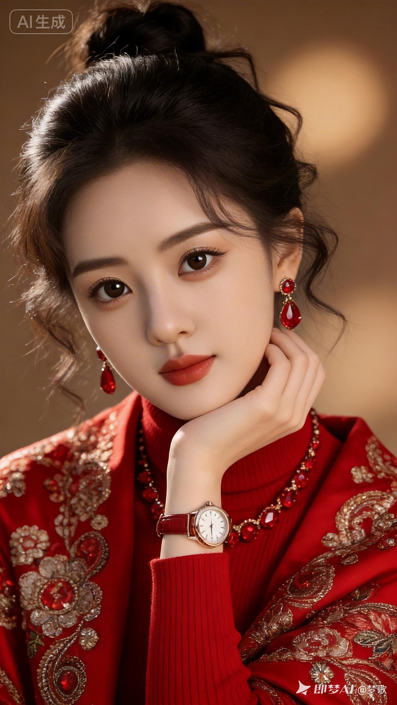 优雅红衣美人，精致妆容与珠宝相得益彰，尽显东方古典美！