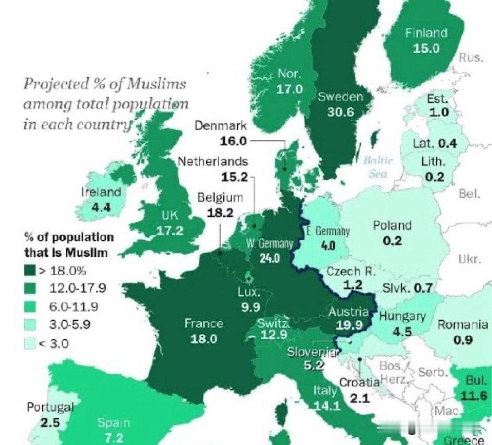 穆斯林在欧洲各国的预估占比，其中以瑞典、西德、奥地利、法国和英国为前五，这几乎与