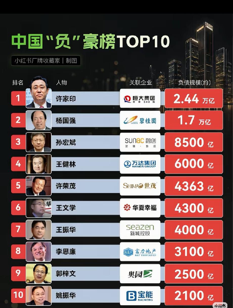 中国十大的负豪榜。这一看上面全部是房地产行业啊。