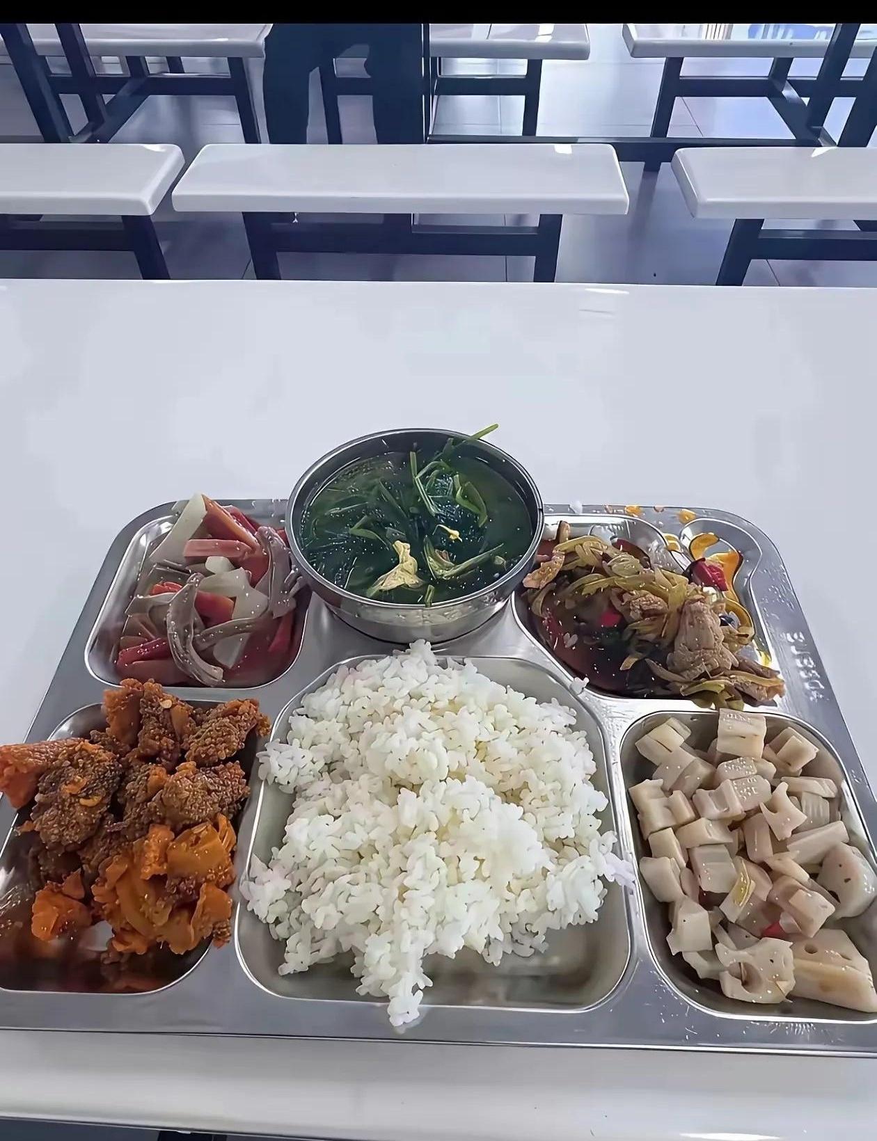 食堂这一顿8块钱，到底贵不贵？我刚把盘子端上桌就愣了：一个荤菜、两个素菜，米饭