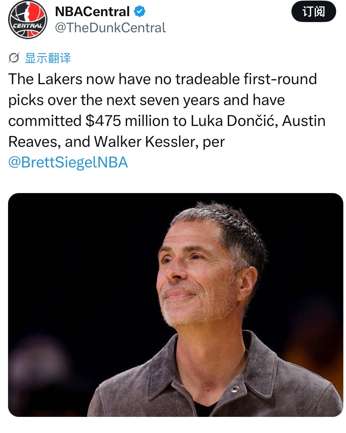 BrettSiegel消息：湖人未来七年已无任何可用于交易的首轮选秀权；球队给