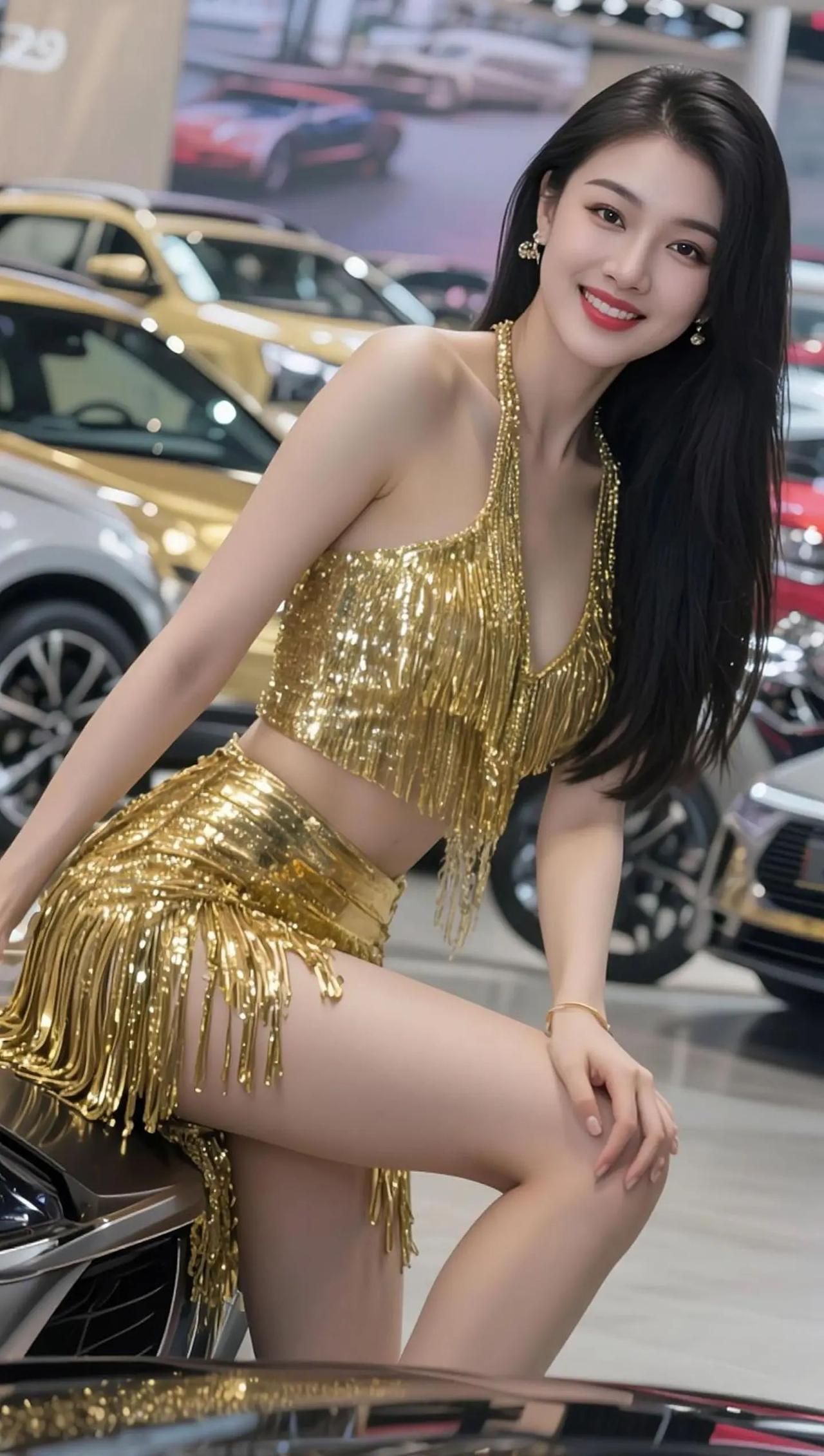 车展模特金色战袍氛围感美女大长腿今日穿搭