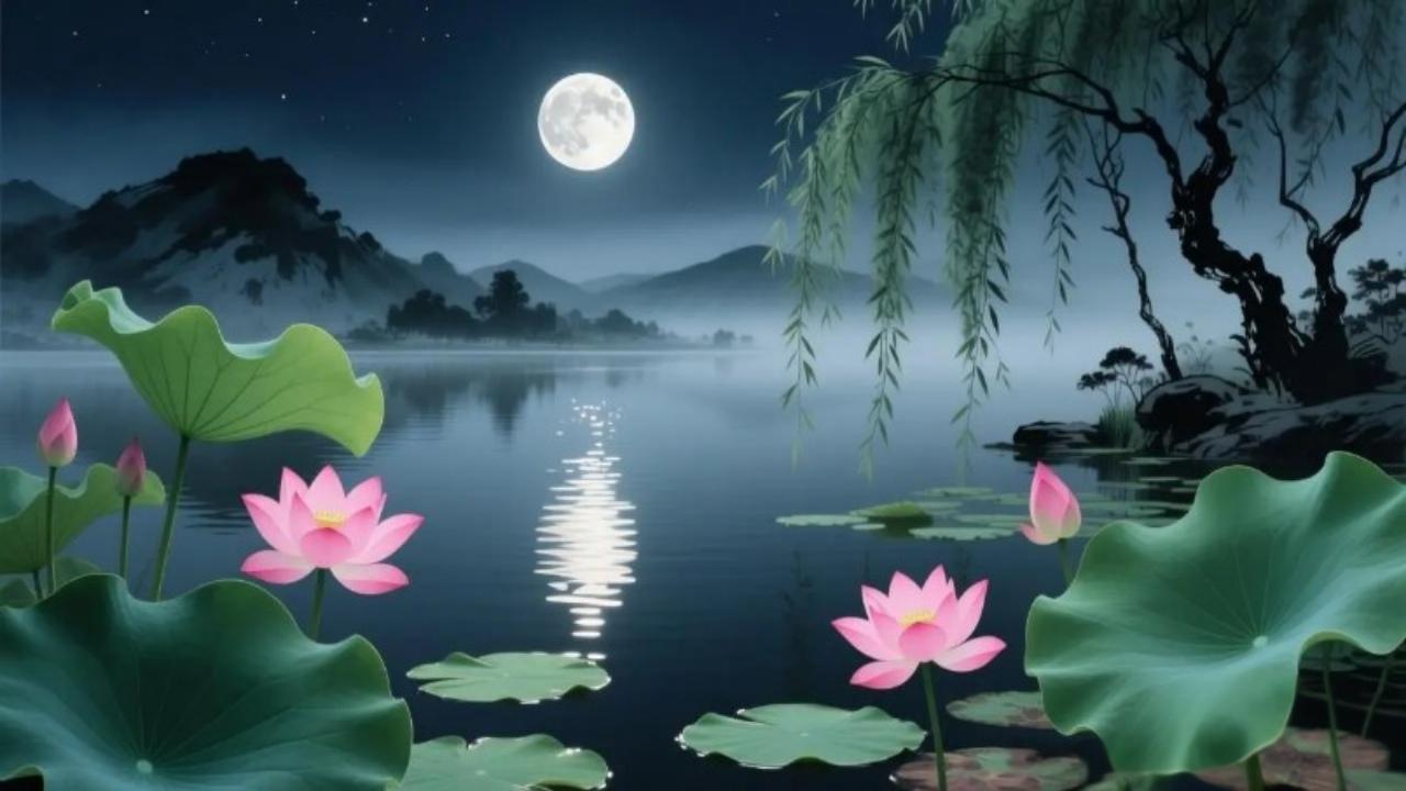 荷花荷塘风景图片分享月浸荷塘碎玉光，柳垂岸渚裹清芬。荷香浮夜山衔静，一枕幽凉浸此