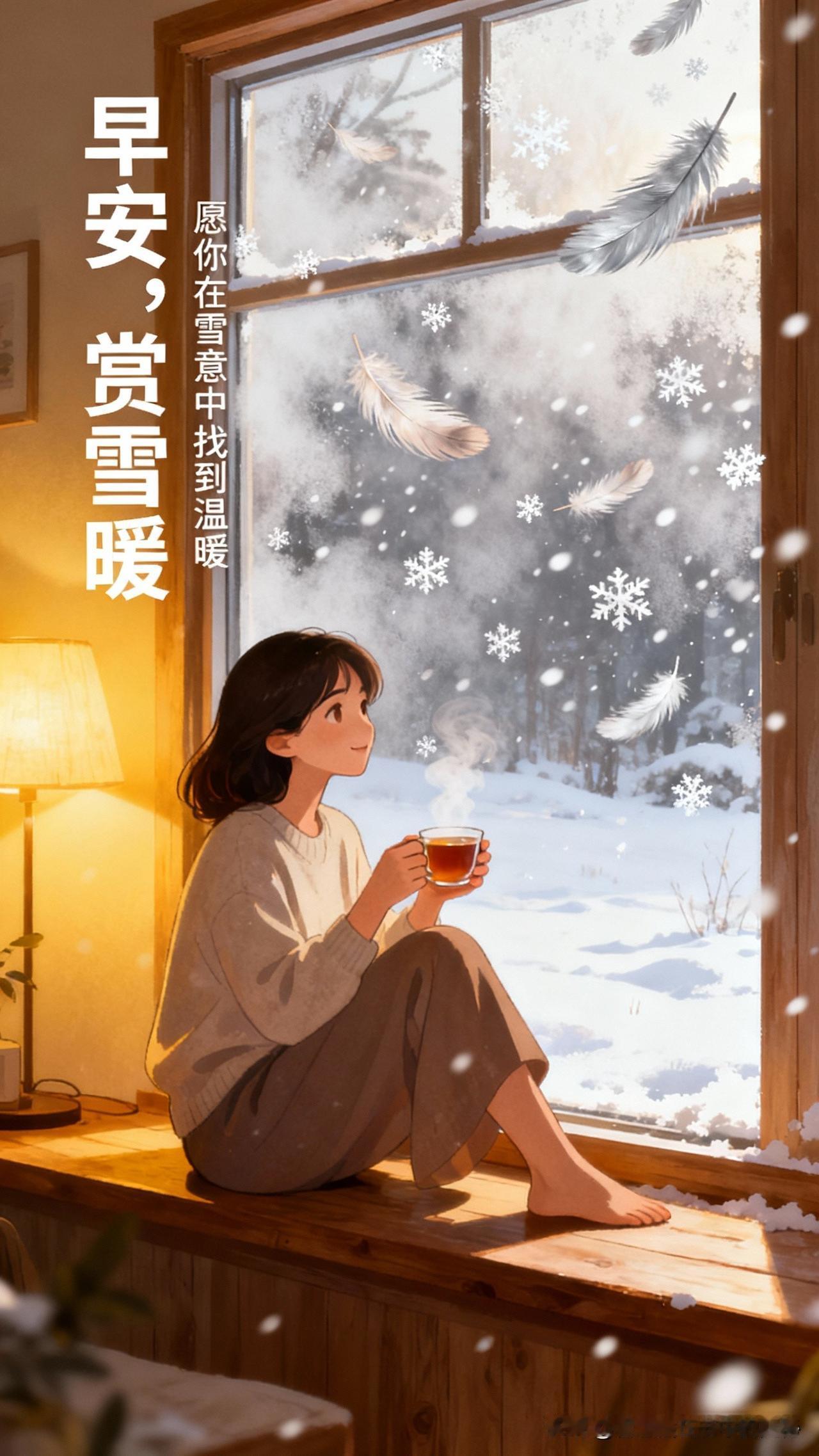 早安，朋友！清晨的空气中弥漫着一股清新与宁静，窗外飘落的雪花如同轻柔的羽毛，静