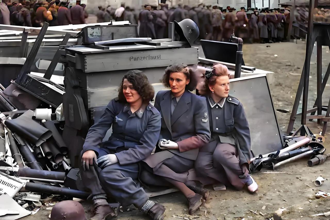 1945年，德国。照片上这是被苏联红军俘虏的三名德军女兵，严格意义来说她们不是军