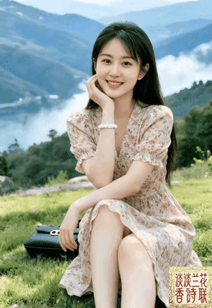 在山间草地上，微笑的少女与自然融为一体，清新自然，如诗如画。
