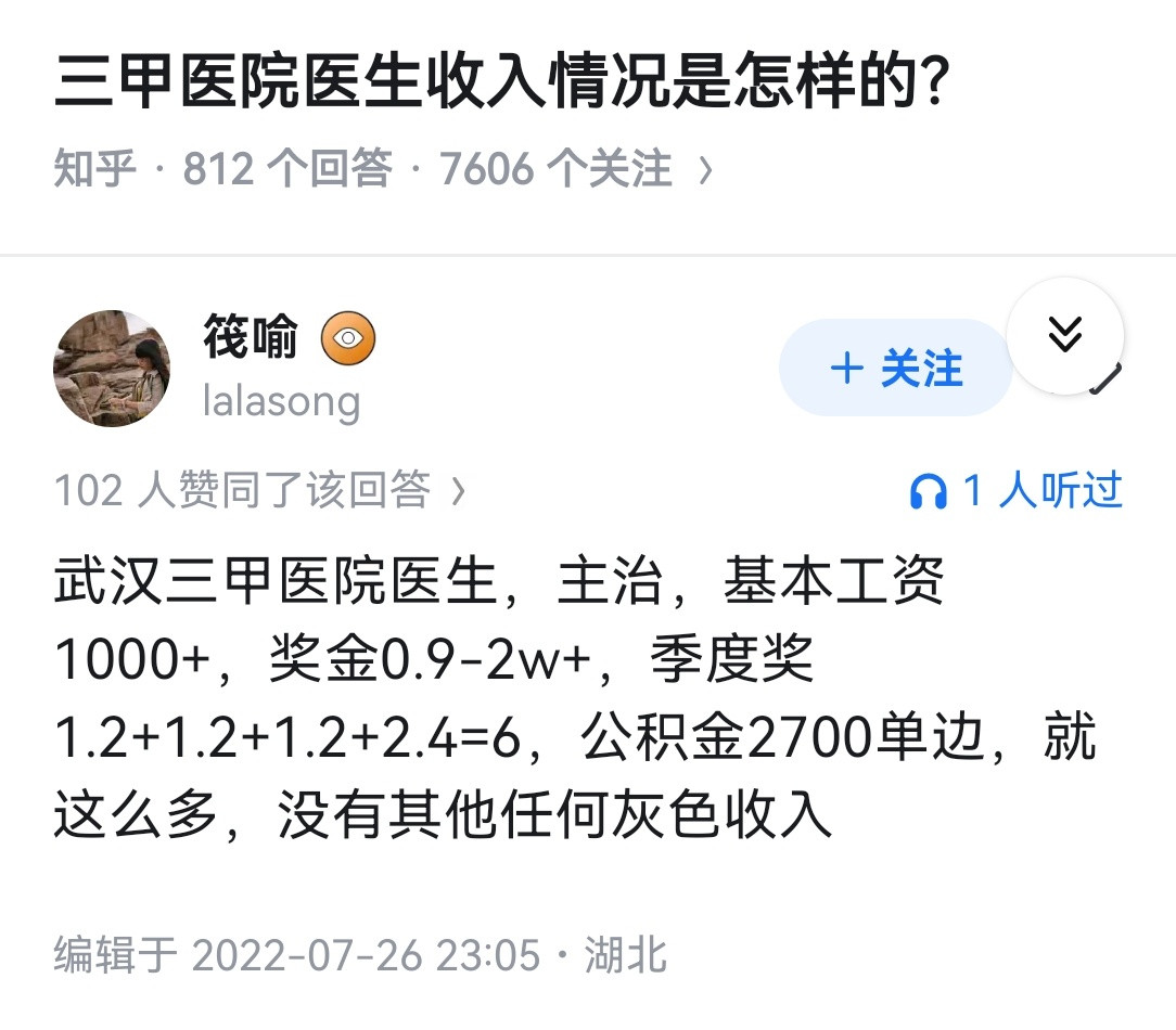 三甲医院医生收入情况是怎样的？
