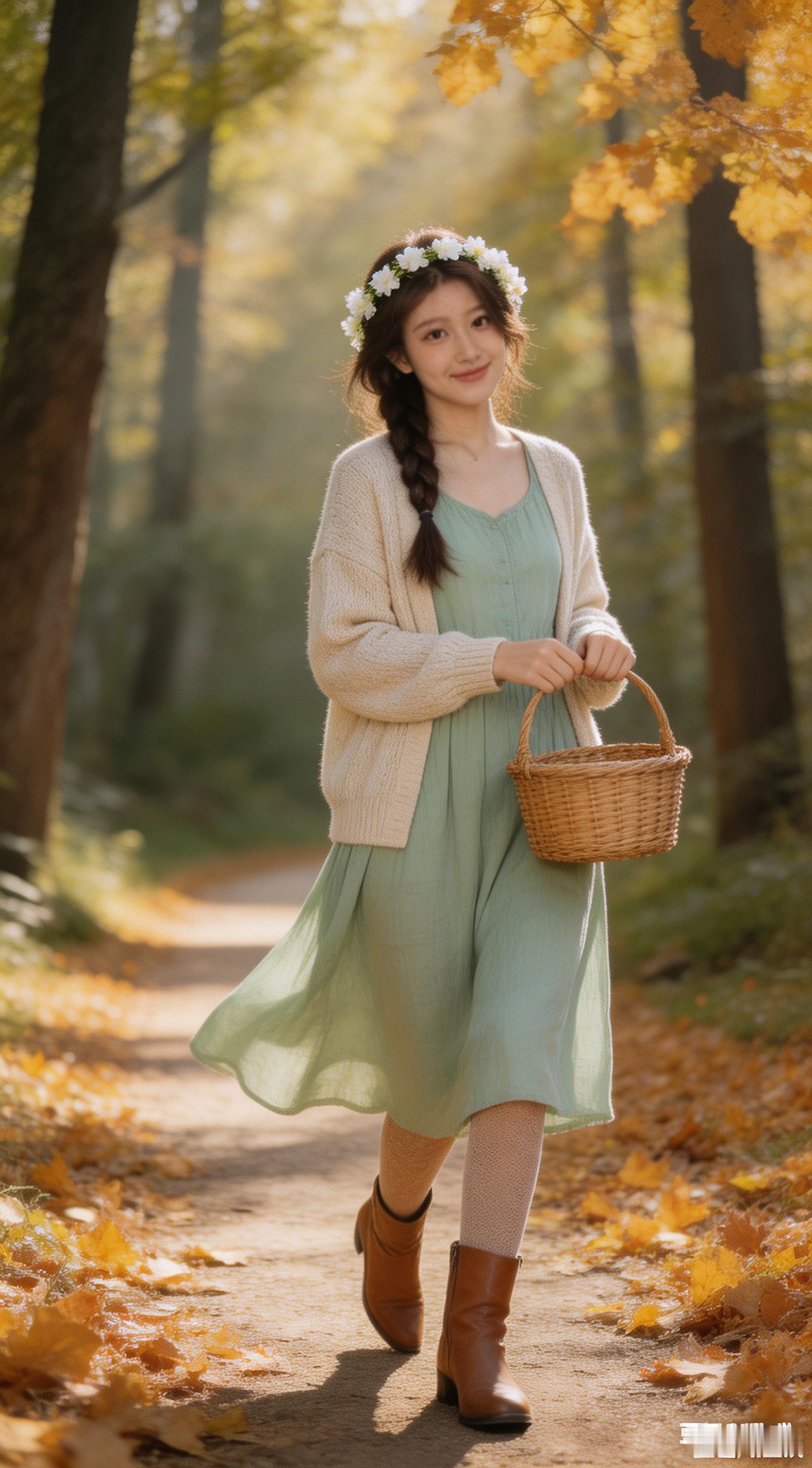 图片风格为「人像摄影」，森系少女，棕色中长发，编着简单的麻花辫，头上戴着白色的