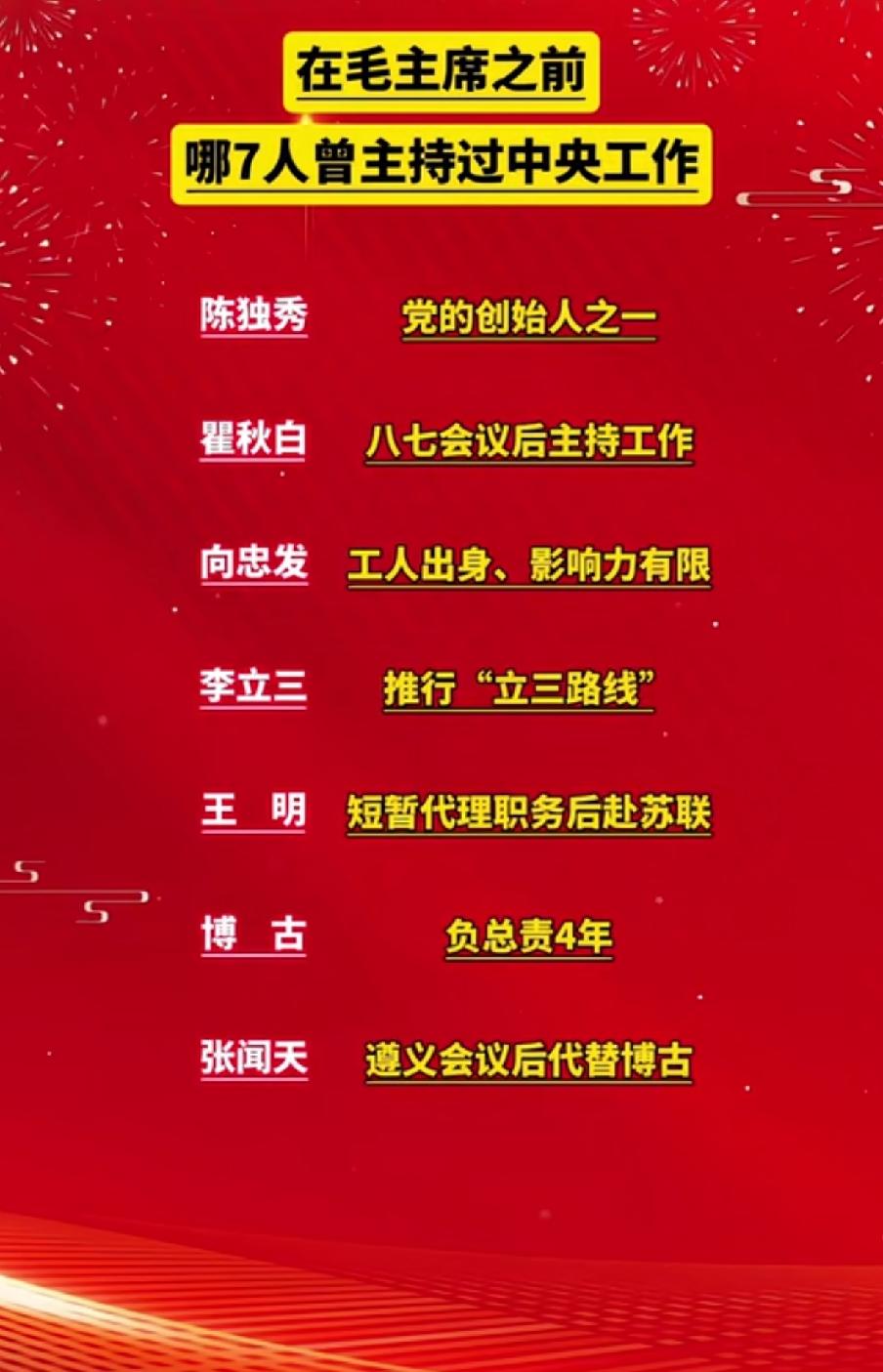 毛主席之前的7位主持中央工作领导人一览表1921年中国共产党