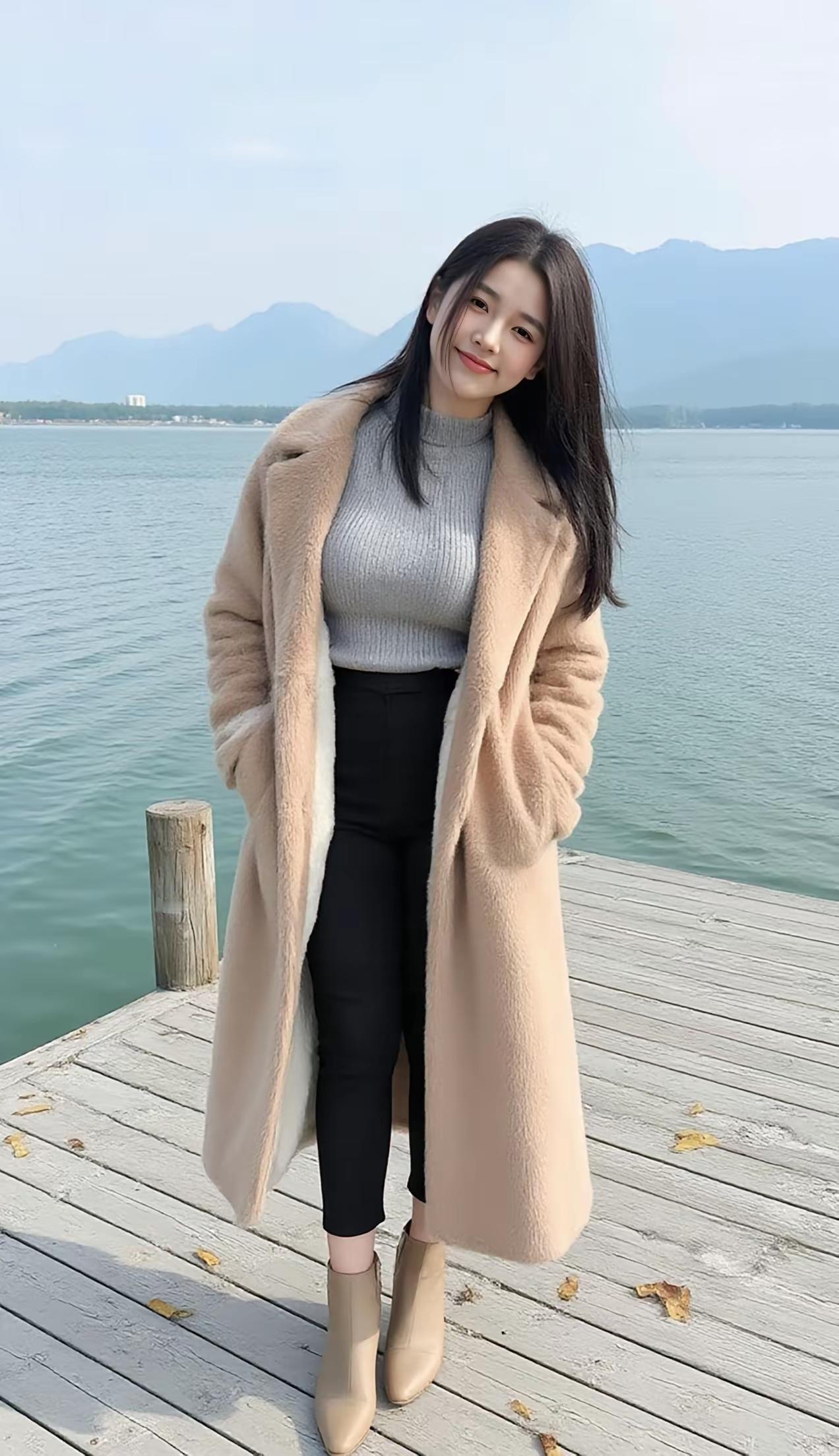 湖畔温柔初冬微凉湖畔木栈道上，温暖穿搭治愈时光。浅驼色毛绒大衣质感软糯，宽松版
