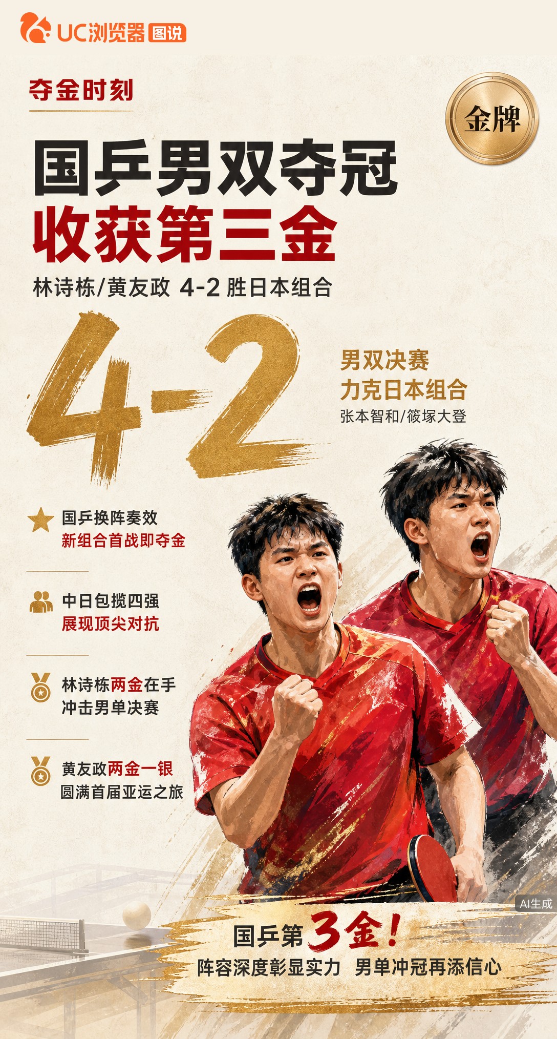 临阵换组合照样夺金！林诗栋/黄友政男双决赛4-2胜张本智和组合，拿下国乒本届第3金。新搭档首次配对即