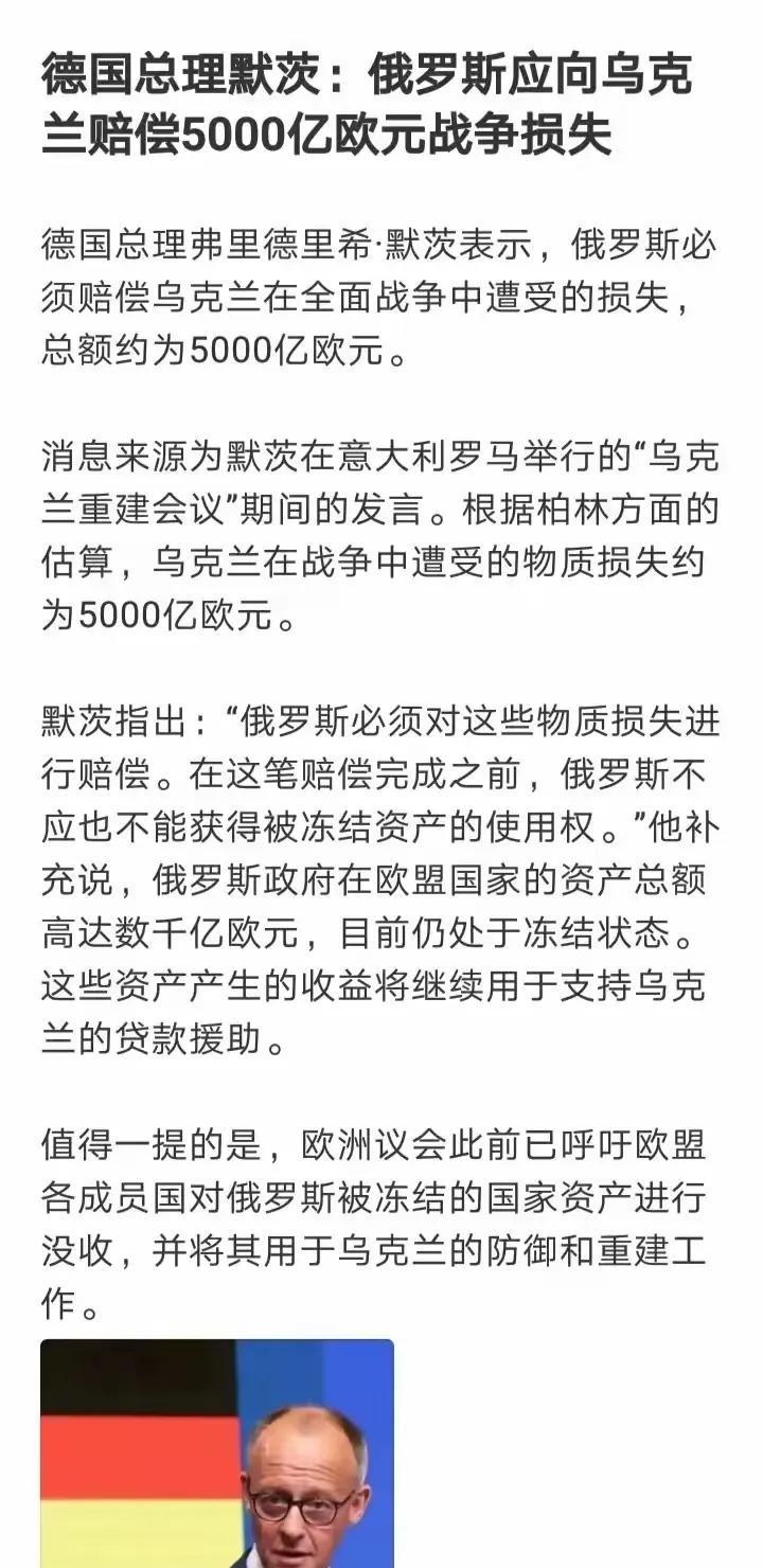 德国总理默茨说要俄罗斯赔偿乌克兰五千亿美元的战争损失，这五千亿美元仅仅只是给乌克