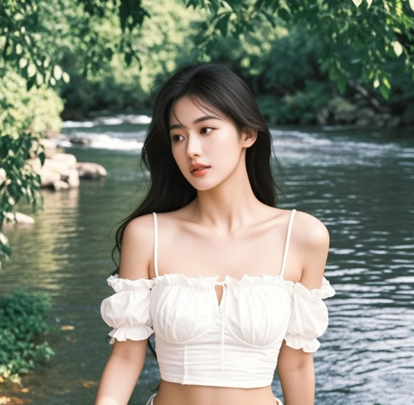 河水如画衬佳人，河畔漫步绘流年