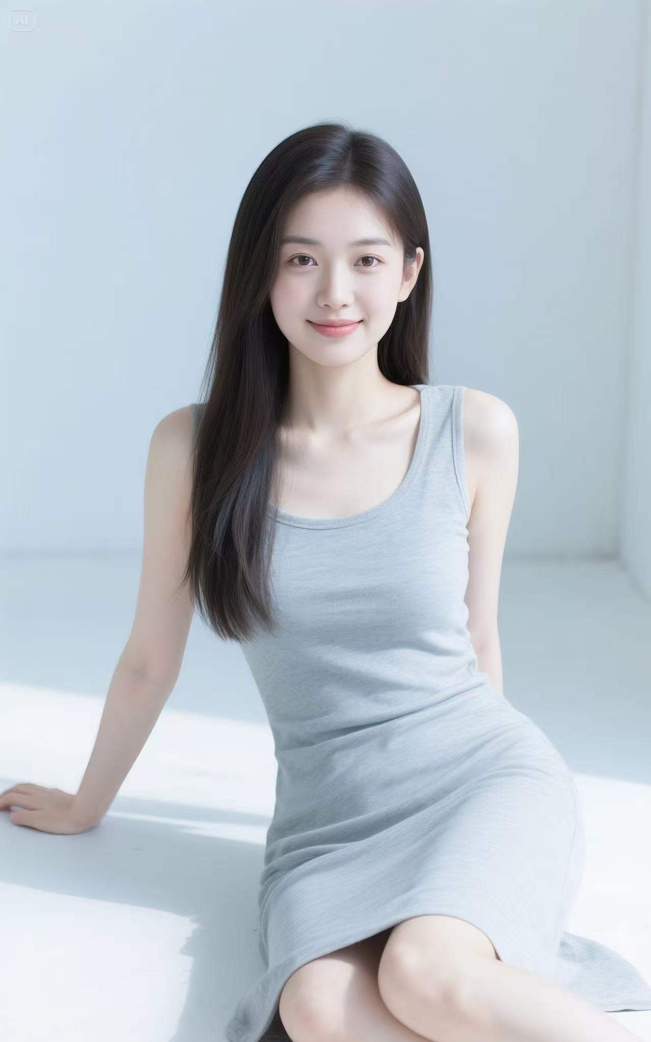 温柔甜美的少女，灰色连衣裙，自然光下更显清新。