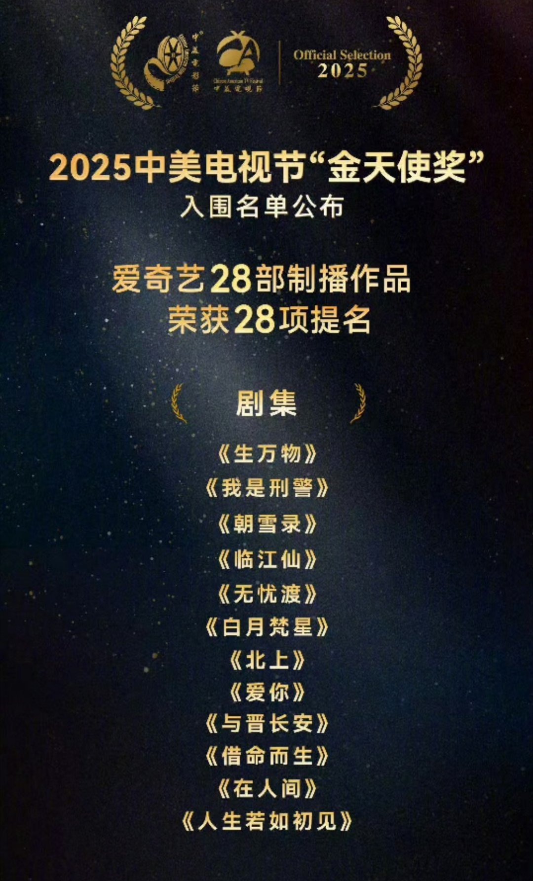 tg.2025中美电视节“金天使奖”🥝入围剧集，白鹿唯一同时3部入围，敖瑞鹏