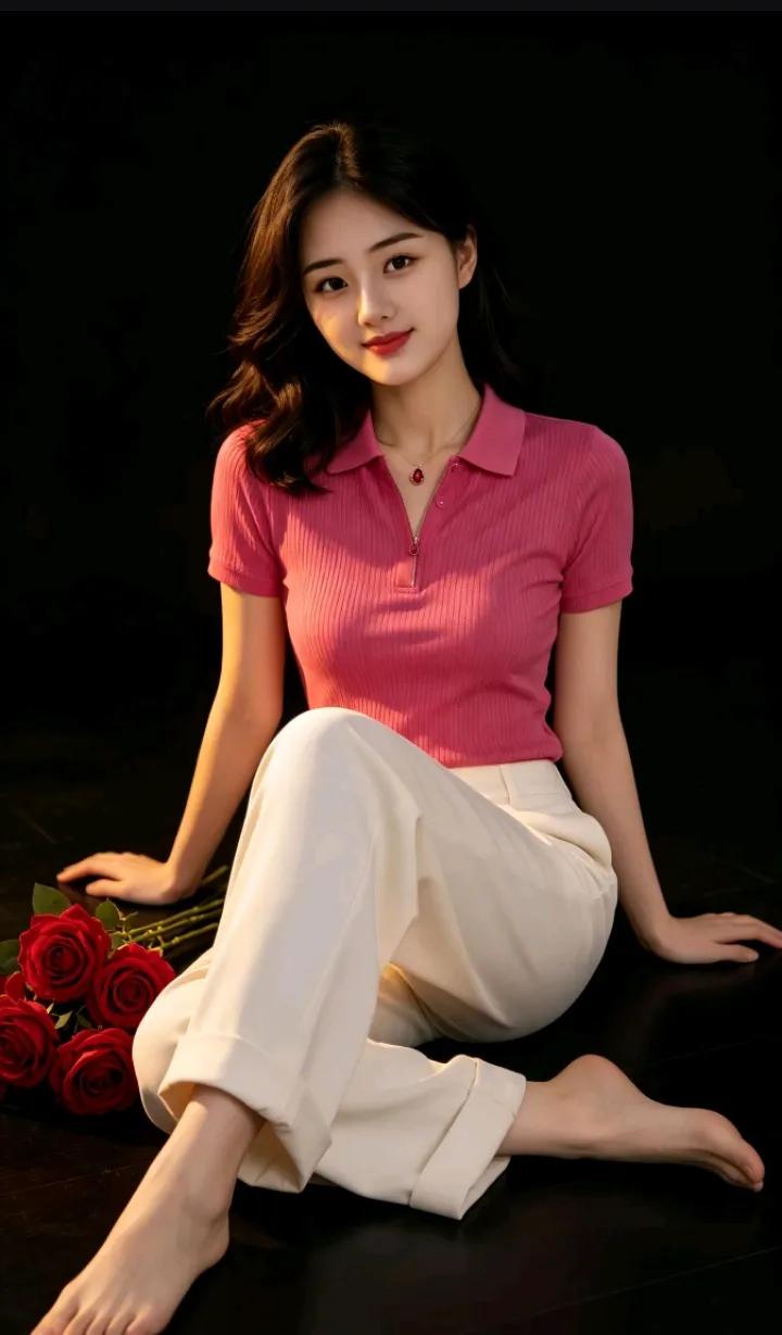 这位小姐姐穿着粉色上衣和白色裤子，坐在地上，旁边放着一束红玫瑰。