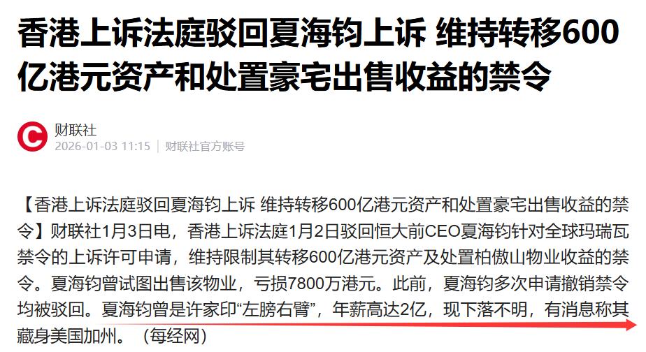新年刚过的1月2日，香港上诉法庭维持了恒大前CEO夏海钧的资产限制禁