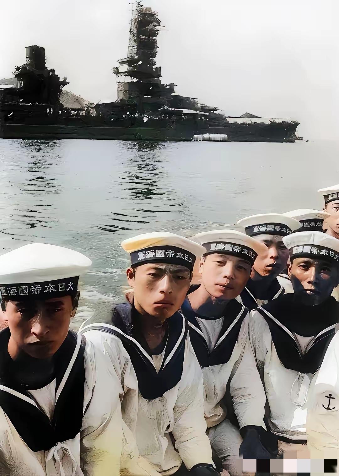 二战期间，日本的海军士兵。他们年龄不大，穿着一身白色的海军制服，帽子上写着“大日
