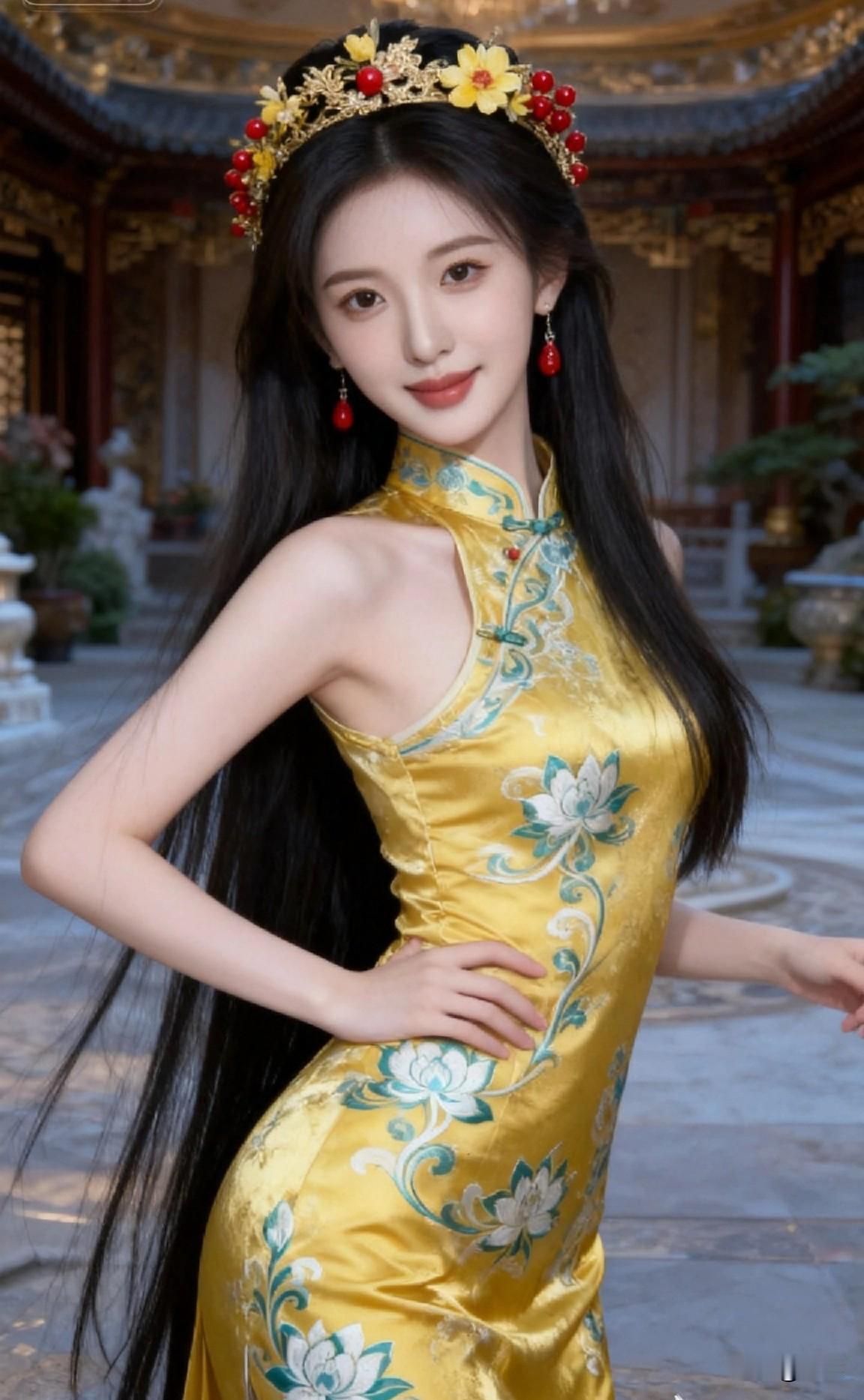 古风少女，金衣华裳，笑靥如花