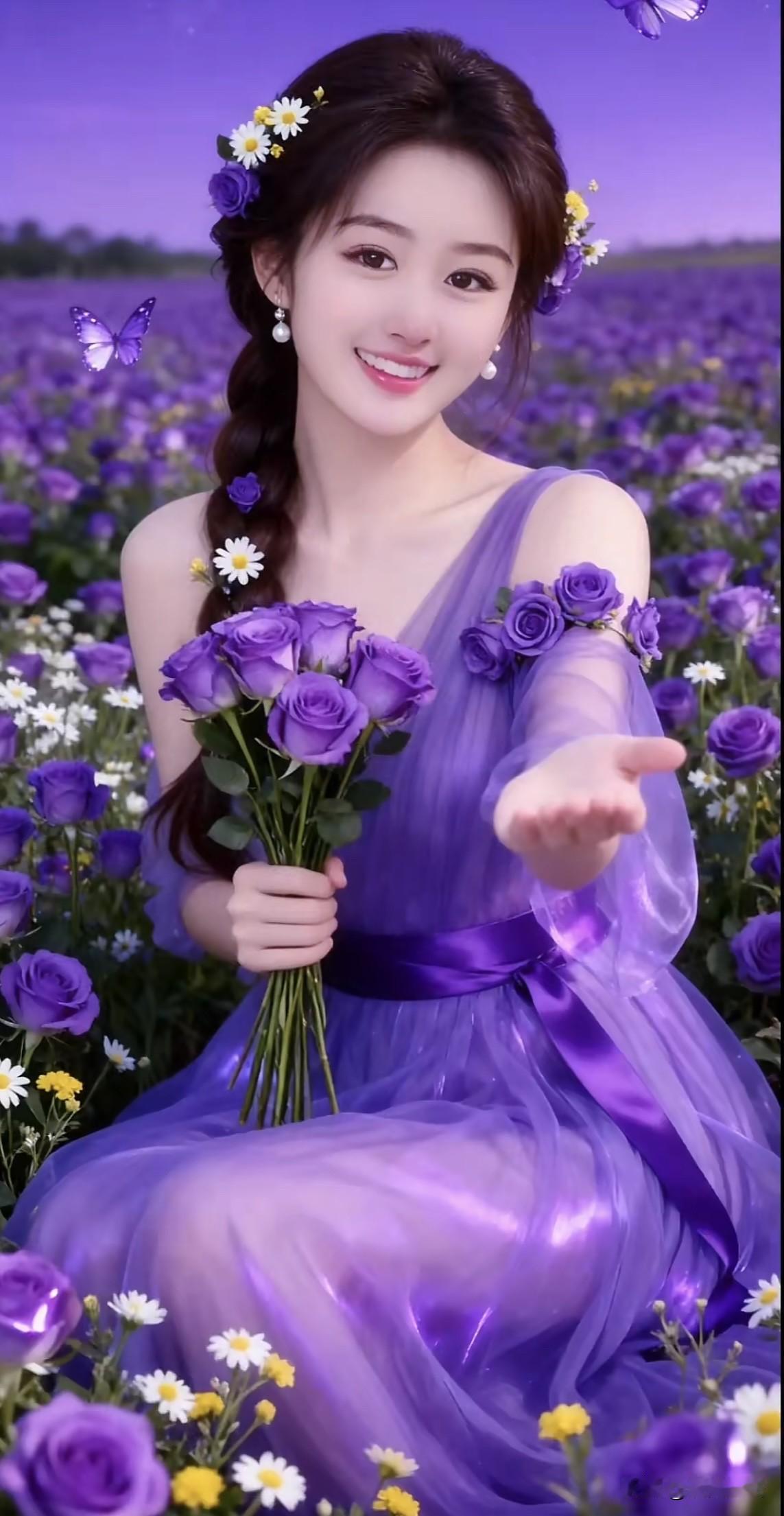 花间美人笑，紫衣舞翩翩。绿裳春景照绿裙蝶舞仙境紫裙韵花间微笑紫裙韵花间