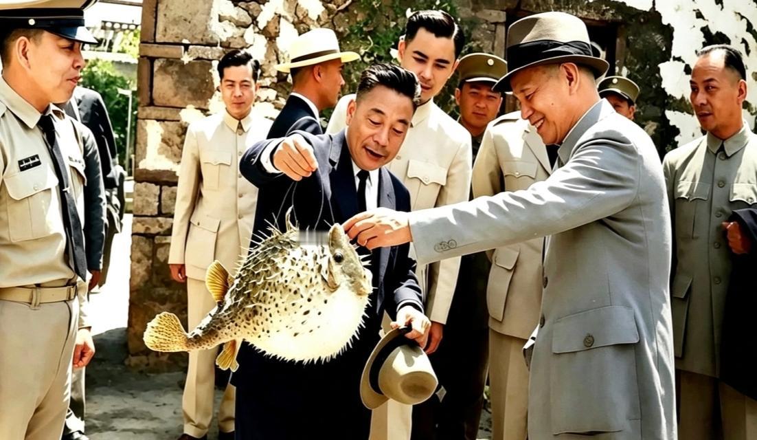 上世纪五十年代中国台湾旧影：蒋经国手拎大河豚向蒋介石展示，此物正是奉化名菜乌狼鲞