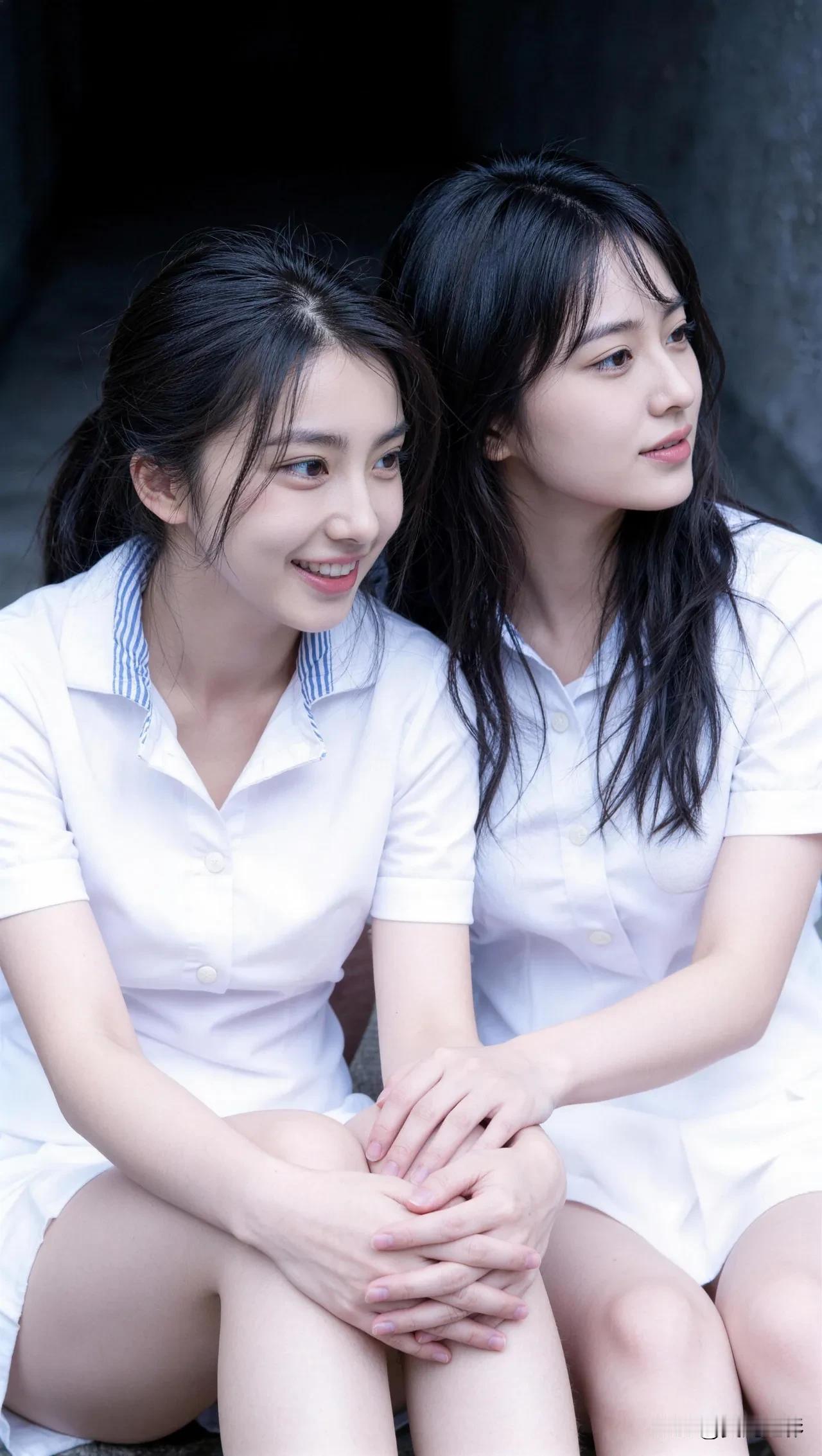 光之影&AI青春洋溢的姐妹情，白衬衫的清新搭配，甜美笑容，温暖人心。🌟💕