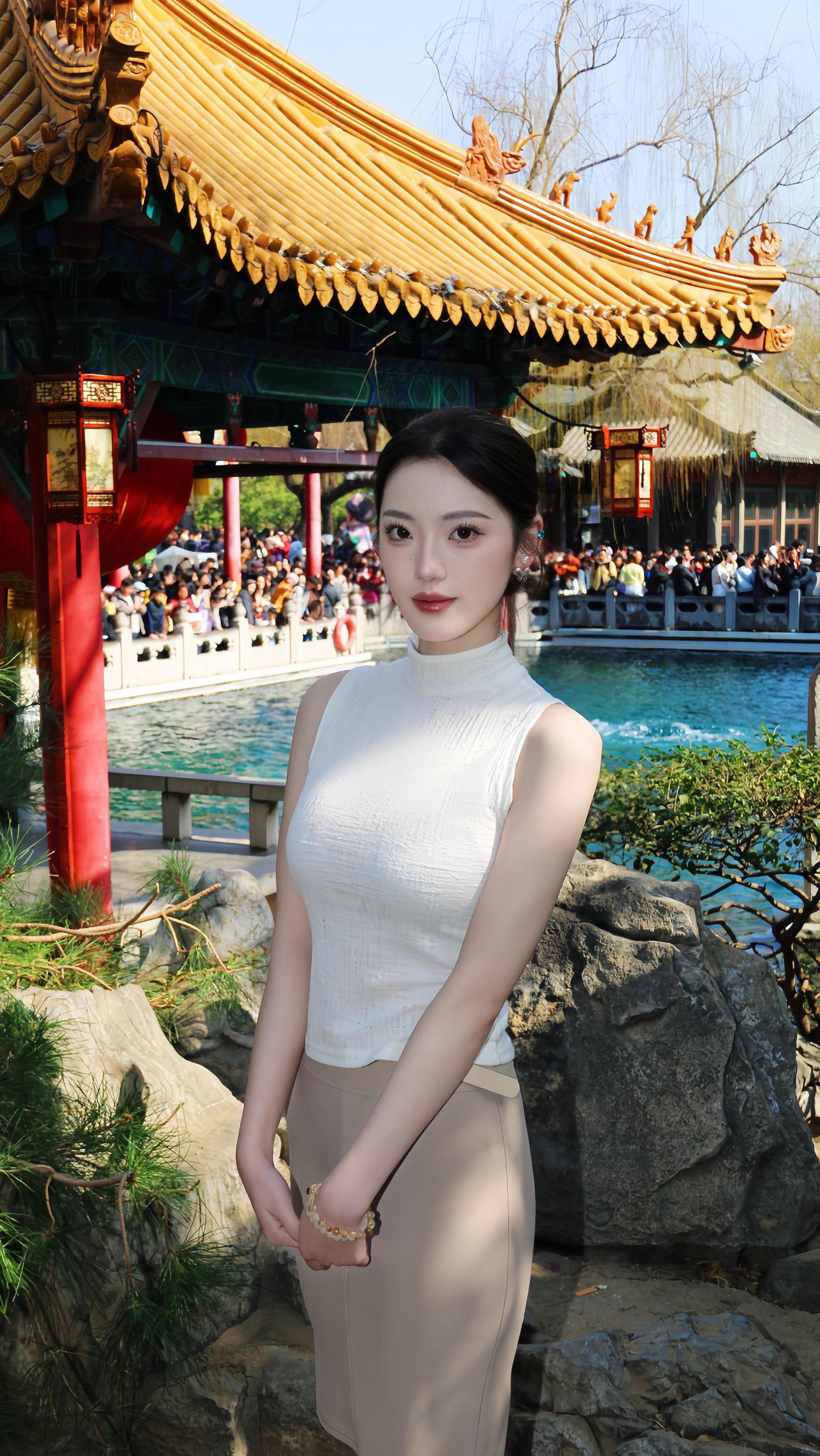 古典园林中的优雅女子，静谧与美丽并存。