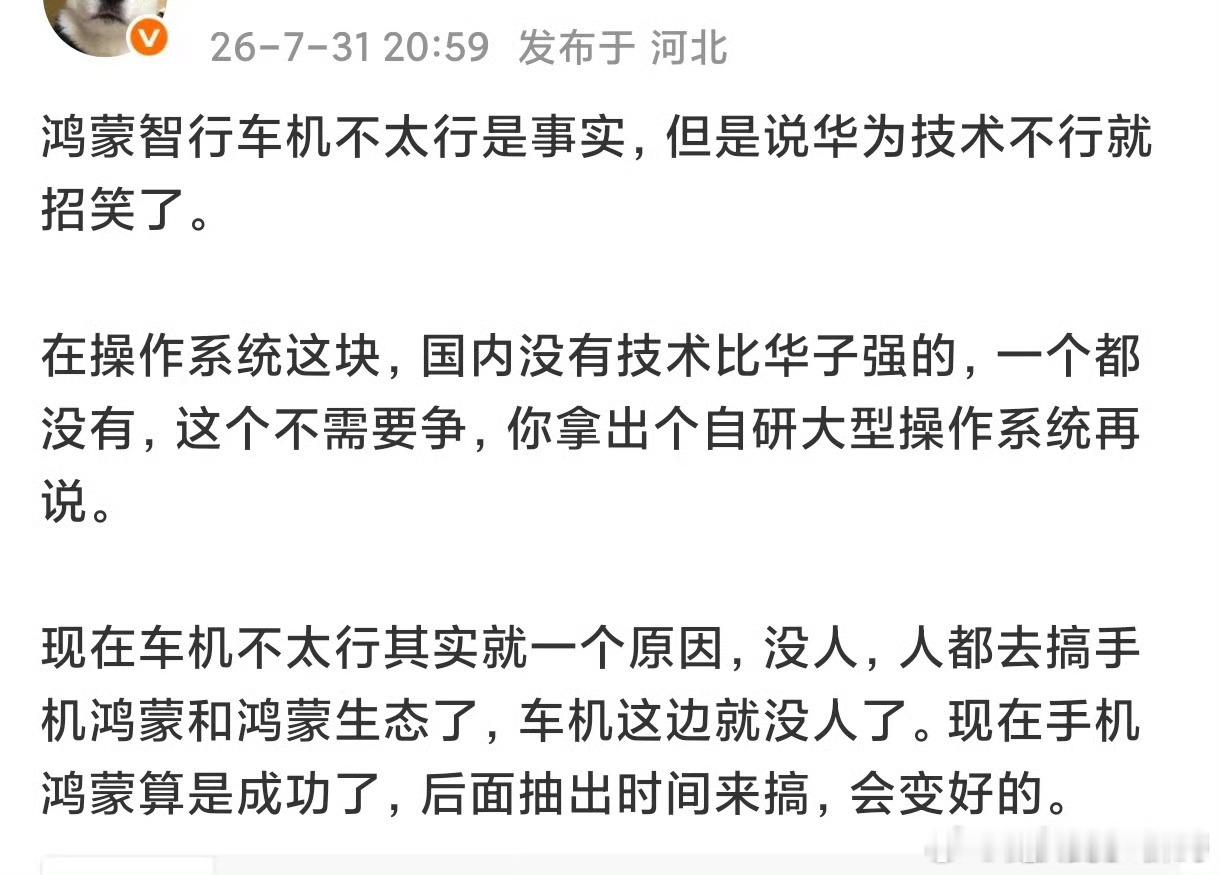这个华为的技术怎么样，我不做评价就是这段对话，看的我有点没明白什么意思华为车机虽