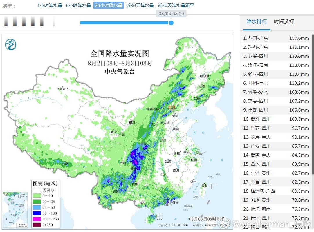 【强降雨】昨天到今晨，我国继续出现南北走向的降雨带，广东沿海一带因为季风槽影响，